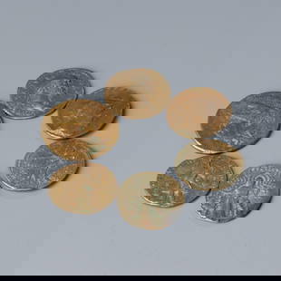 Group of Ancient Indo-Greek and Roman Bronze Coins (6pcs): Collection of 6 ancient bronze coins from the Indo-Greek and Roman periods. Each coin measures approximately 1.7–2 cm in diameter. Total weight: 14 grams.