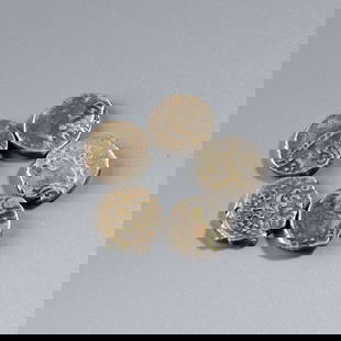 Set of 5 Ancient Silver Gupta Empire Coins: Group of 5 ancient silver coins from the Gupta Empire, each approximately 1.2 cm in diameter. Total weight: 10 grams.