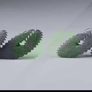 Pair of Ancient Green Jade Earrings – Dong Son Culture, Northern Vietnam, c. 1200 BC: A rare matched pair of jade earrings from the Dong Son culture, Northern Vietnam, circa 1200 BC.