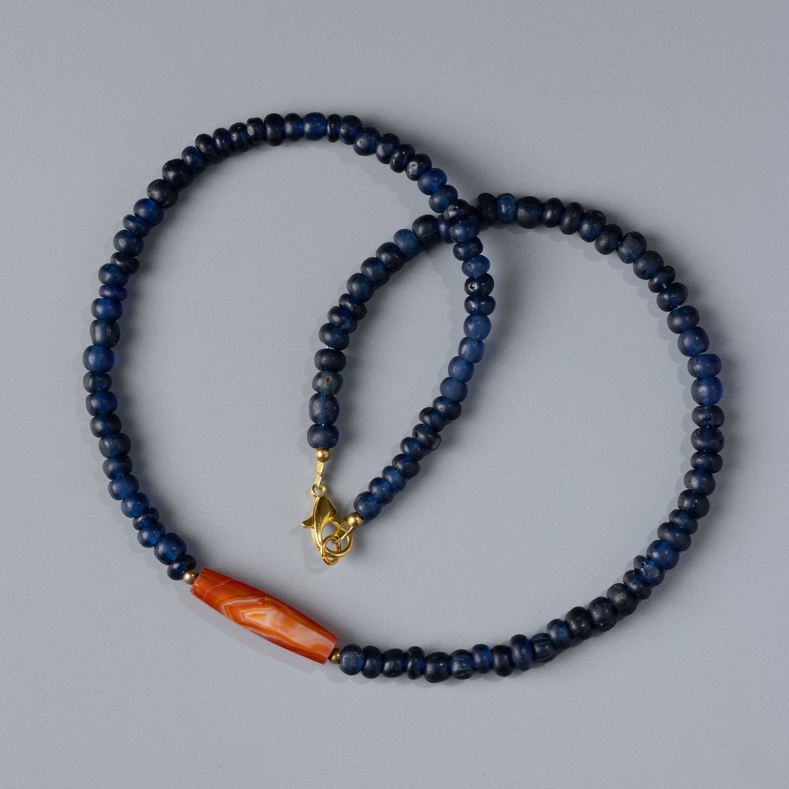 Ancient Pyu Glass Beads Necklace with Faceted Carnelian Bead: Ancient Pyu Glass Beads Necklace with Faceted Carnelian Bead [Length:20in, 27gram]