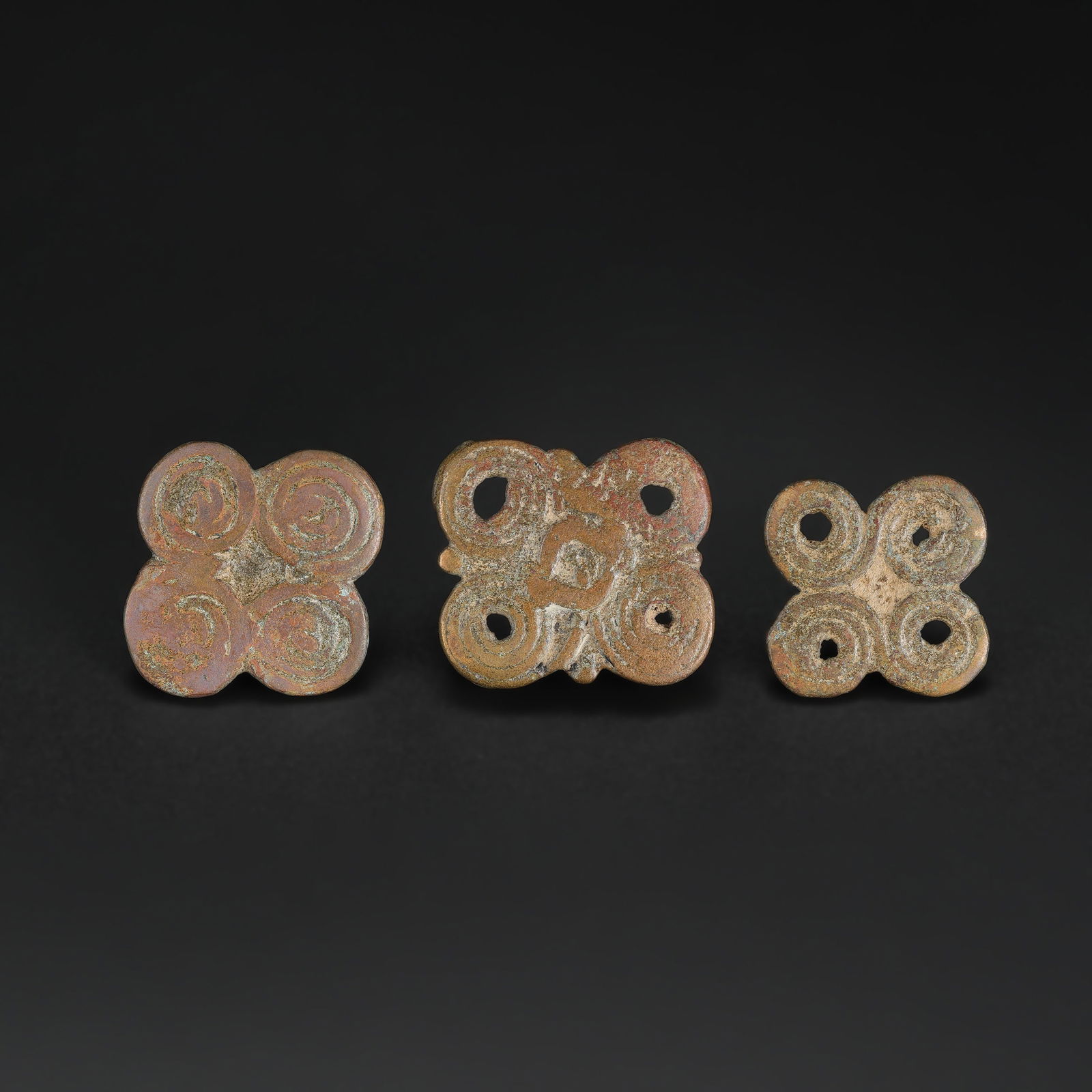 Lot of 3 Ancient Bactrian Bronze Quatrefoil Ornaments (1 of 4)
