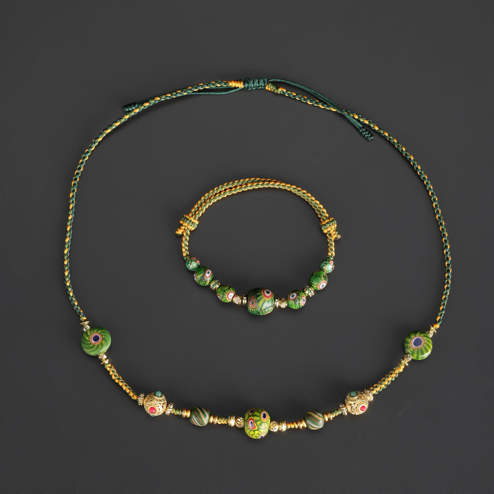 Old Roman Eye-Pattern Glass Beads Hand-Knotted Necklace & Bracelet Set: Old Roman Eye-Pattern Glass Beads Hand-Knotted Necklace & Bracelet Set Total Weight: 22gram