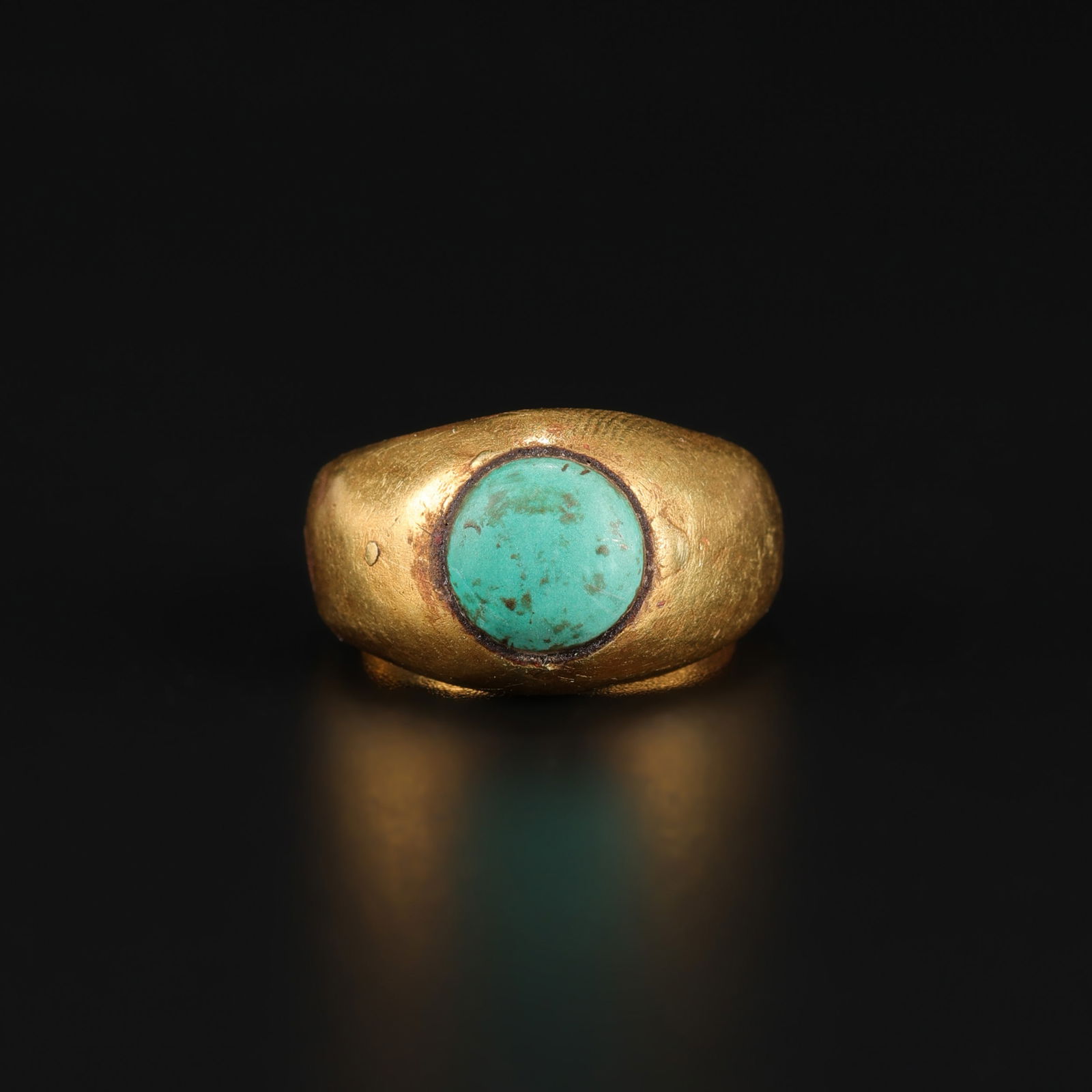 Ancient Bactrian 16K Gold Ring with Blue Turquoise 10g: Ancient Bactrian ring crafted in solid 16K gold, set with a vibrant blue turquoise cabochon. Weighing 10 grams Total Weight: 10gram