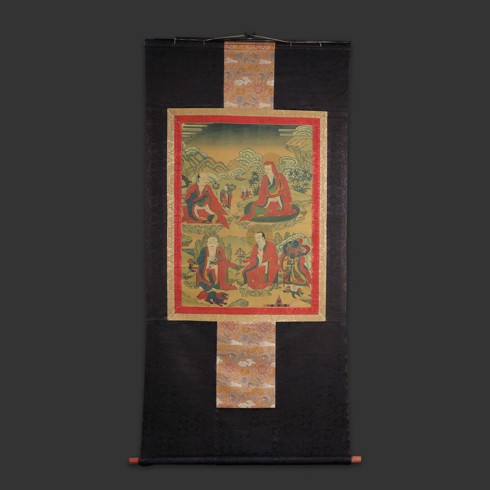 Antique Tibetan Thangka Painting of Depicting Three Arhats Figures with Silk Border: Antique Tibetan Thangka Painting of Depicting Three Arhats Figures with Silk Border Size Detail: 31.5 x 141cm Total Weight: 800gram