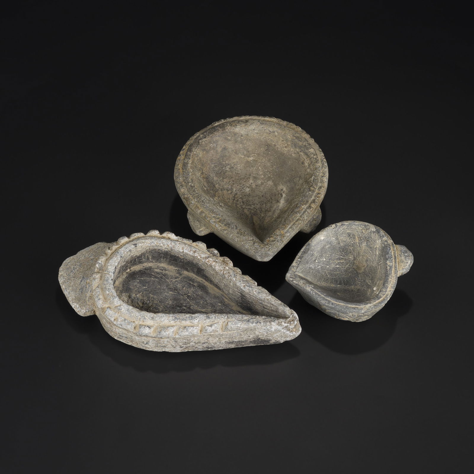 Lot of 3 Antique Stone Greek–Asian Gandharan Spiritual Oil Lamp: Lot of 3 Antique Stone Greek–Asian Gandharan Spiritual Oil Lamp Total Weight: 877gram