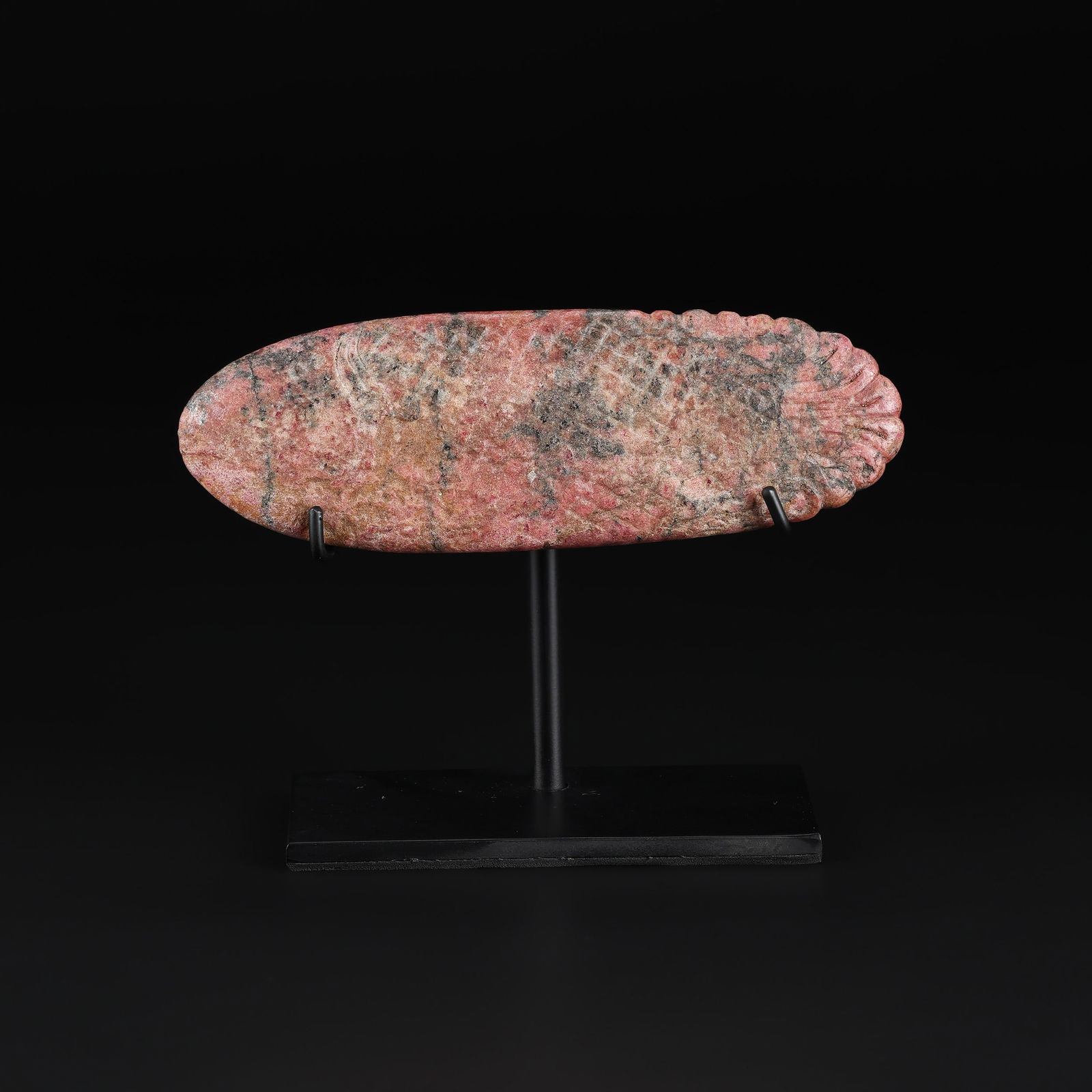 Near Eastern Bactrian Engraved Jasper Stone Fish Figure: Ancient Near Eastern Bactrian antiquity featuring a fish figure engraved in jasper stone. A carved decorative or symbolic object. Size Detail: 16.5 x 5.5cm Weight: 353gram
