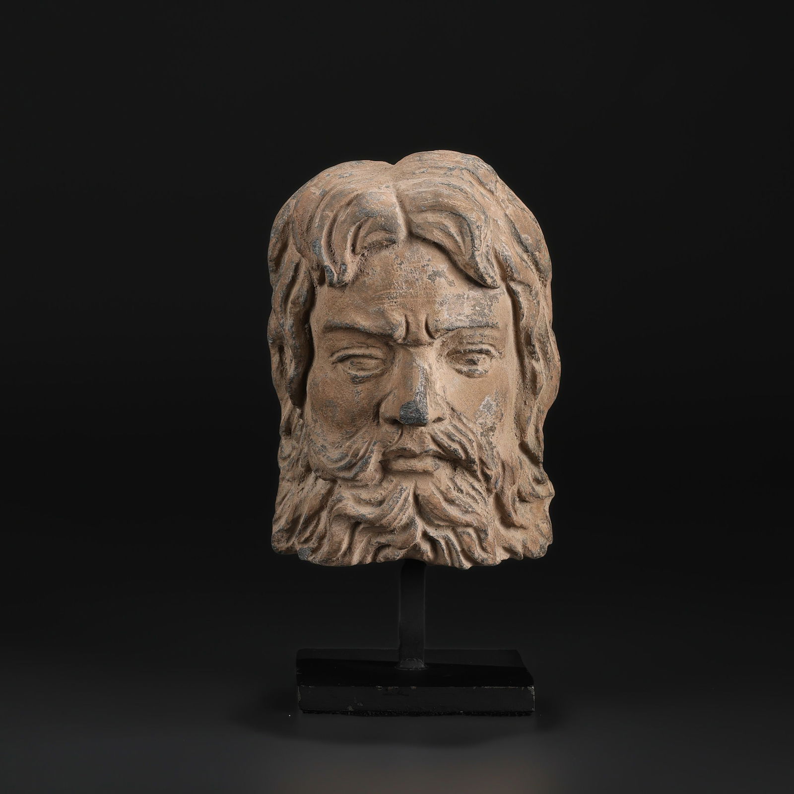 Hellenistic Greek–Gandhara Bearded Man Schist Stone Head Sculpture: Hellenistic Greek–Gandhara sculpture of a bearded male head carved in schist stone. Size Detail: 9.5 x 15cm Total Weight: 2.3kg