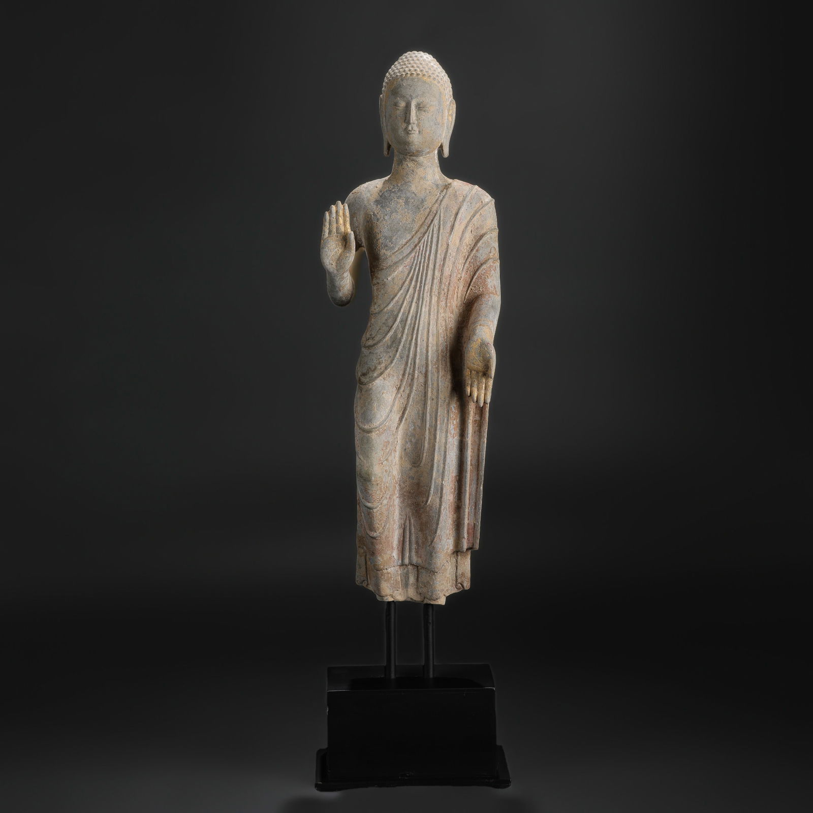 Stone Carving of Standing Buddha in Abhaya Mudra, Tang Dynasty Style: Stone Carving of Standing Buddha in Abhaya Mudra, Tang Dynasty Style Size Detail: 14 x 45.5cm Total Weight: 7kg