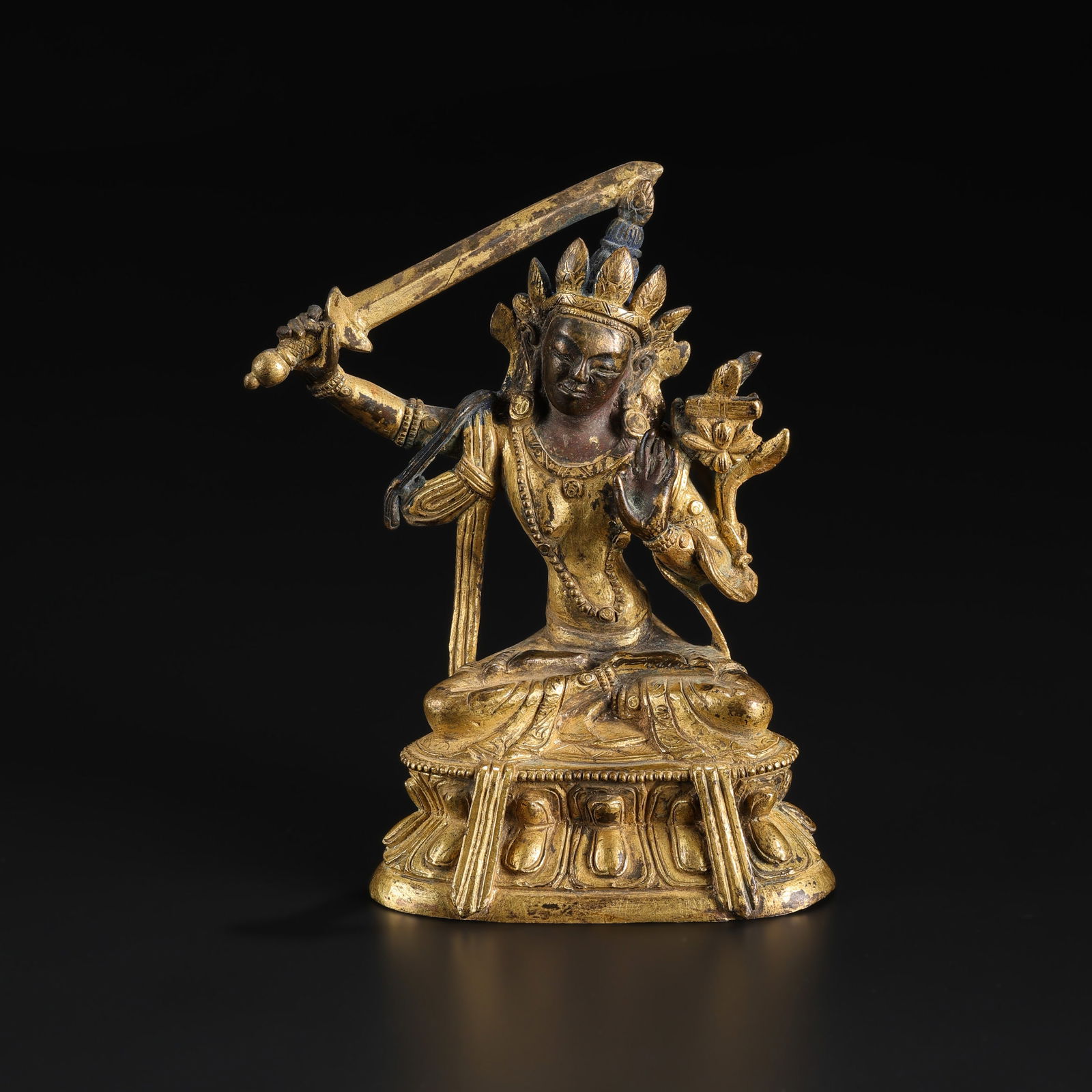 Chinese-Tibetan Qing Dynasty Gilt Bronze Statue of Manjushri: Chinese-Tibetan Qing Dynasty Gilt Bronze Statue of Manjushri Size Detail: 9 x 11cm Weight: 410gram