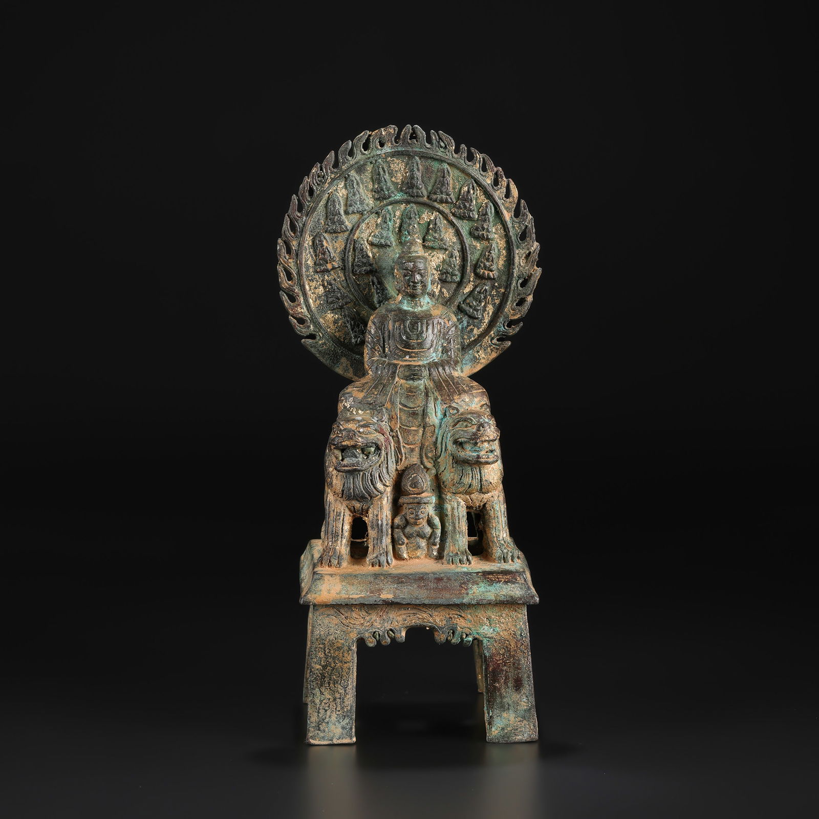 Chinese Antique Northern Wei Dynasty Bronze Buddha Seated on Lion Throne: Antique Northern Wei Dynasty Chinese bronze Buddha statue, depicting the Buddha seated on a lion throne. Size Detail: 10.5 x 27cm Weight: 1.3kg