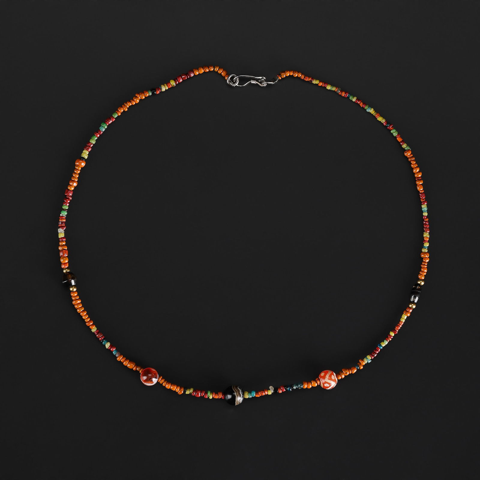 A Collection of Ancient Mixed-Material Beads Necklace: A necklace composed of an assortment of ancient beads in varied materials, colors, and shapes, showing age-appropriate wear and patina. Length: 17.5in Total Weight: 6gram