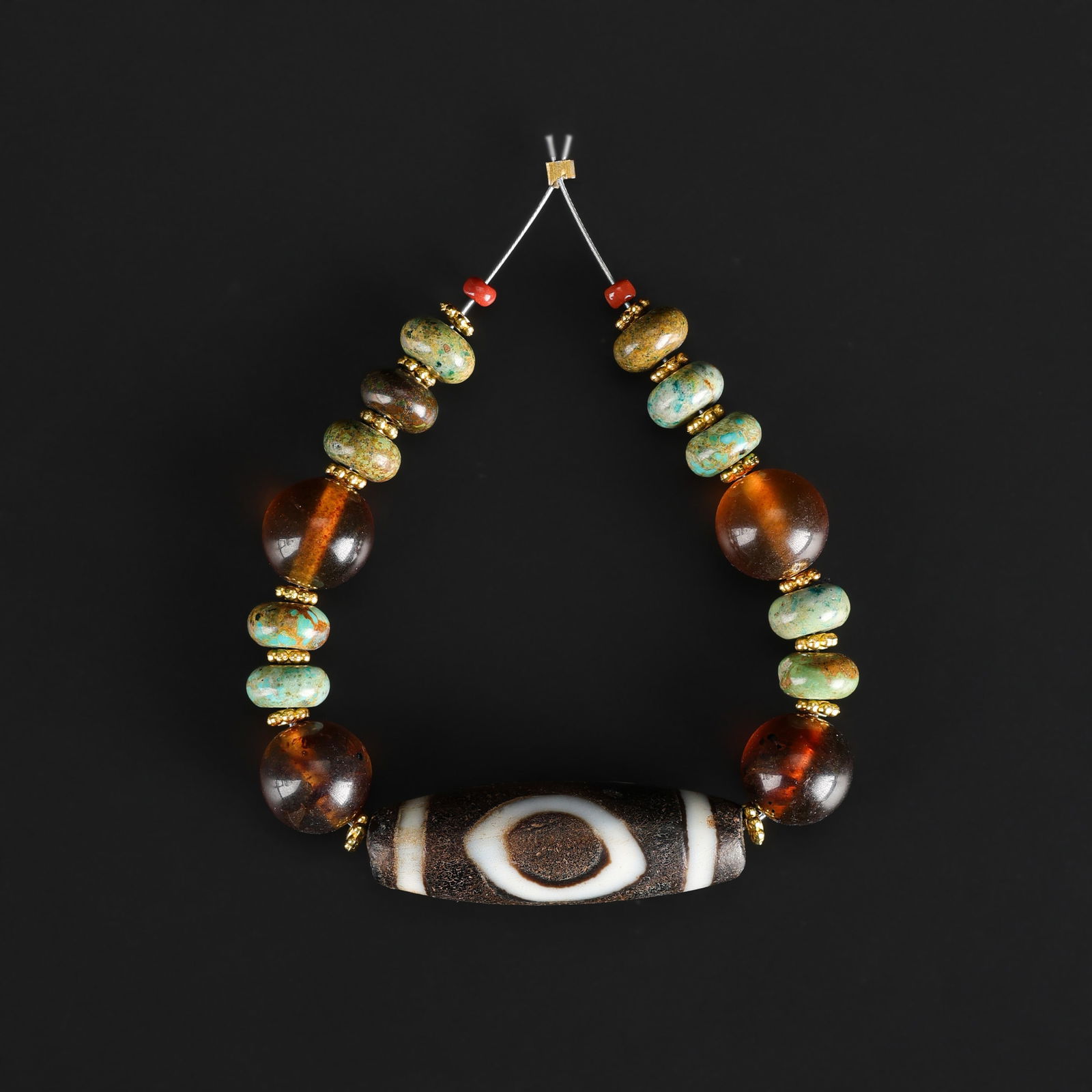 Collection of Tibetan Dzi Beads with Old Turquoise and Amber Beads: Collection of Tibetan Dzi Beads with Old Turquoise and Amber Beads. Total Weight: 17gram