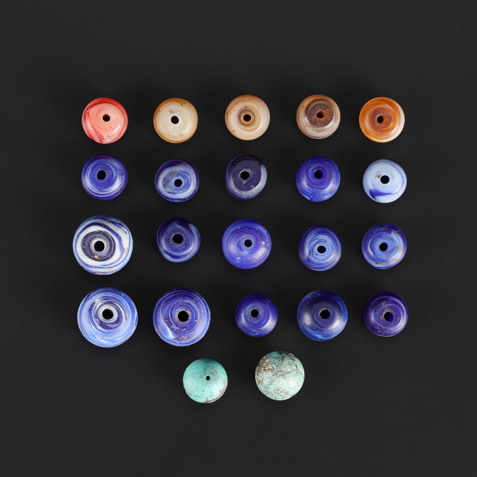 Collection of Antique Safavid Style Glass Beads with 2 Turquoise Beads: Collection of Antique Safavid Style Glass Beads with 2 Turquoise Beads Total Weight: 105gram