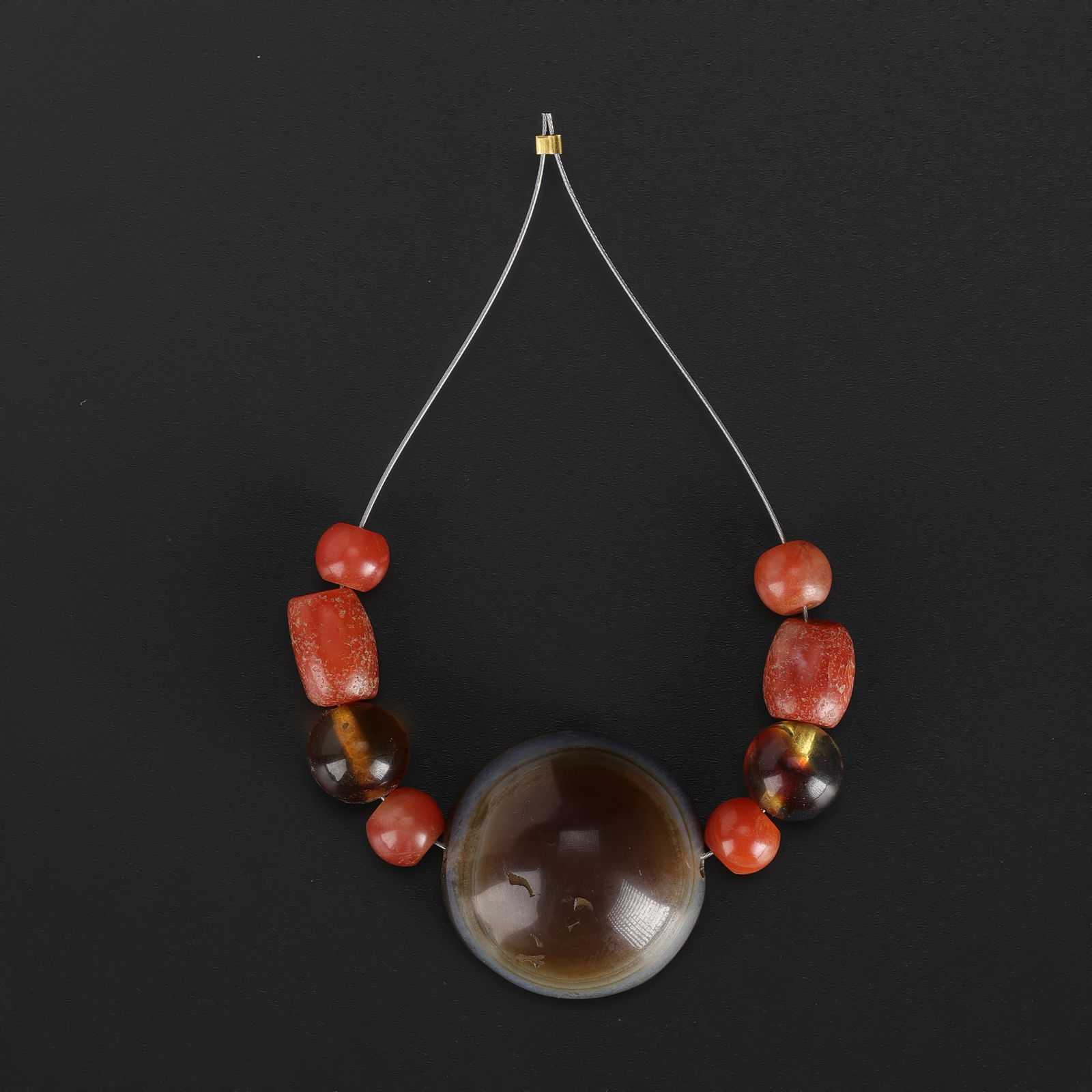 Tibetan LukMik “Goat Eye” Agate with Carnelian Agate Beads: Tibetan LukMik “Goat Eye” Agate with Carnelian Agate Beads. Total Weight: 22gram