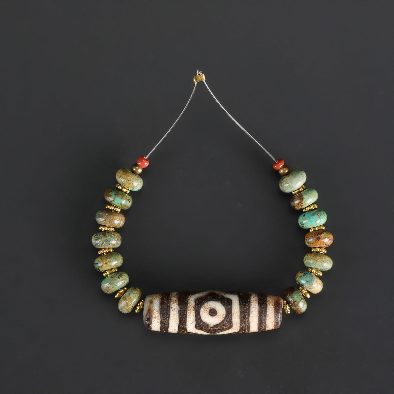 Lot of Three Tibetan Eye Dzi Beads with Turquoise Beads: Lot of Three Tibetan Eye Dzi Beads with Turquoise Beads. Total Weight: 16gram