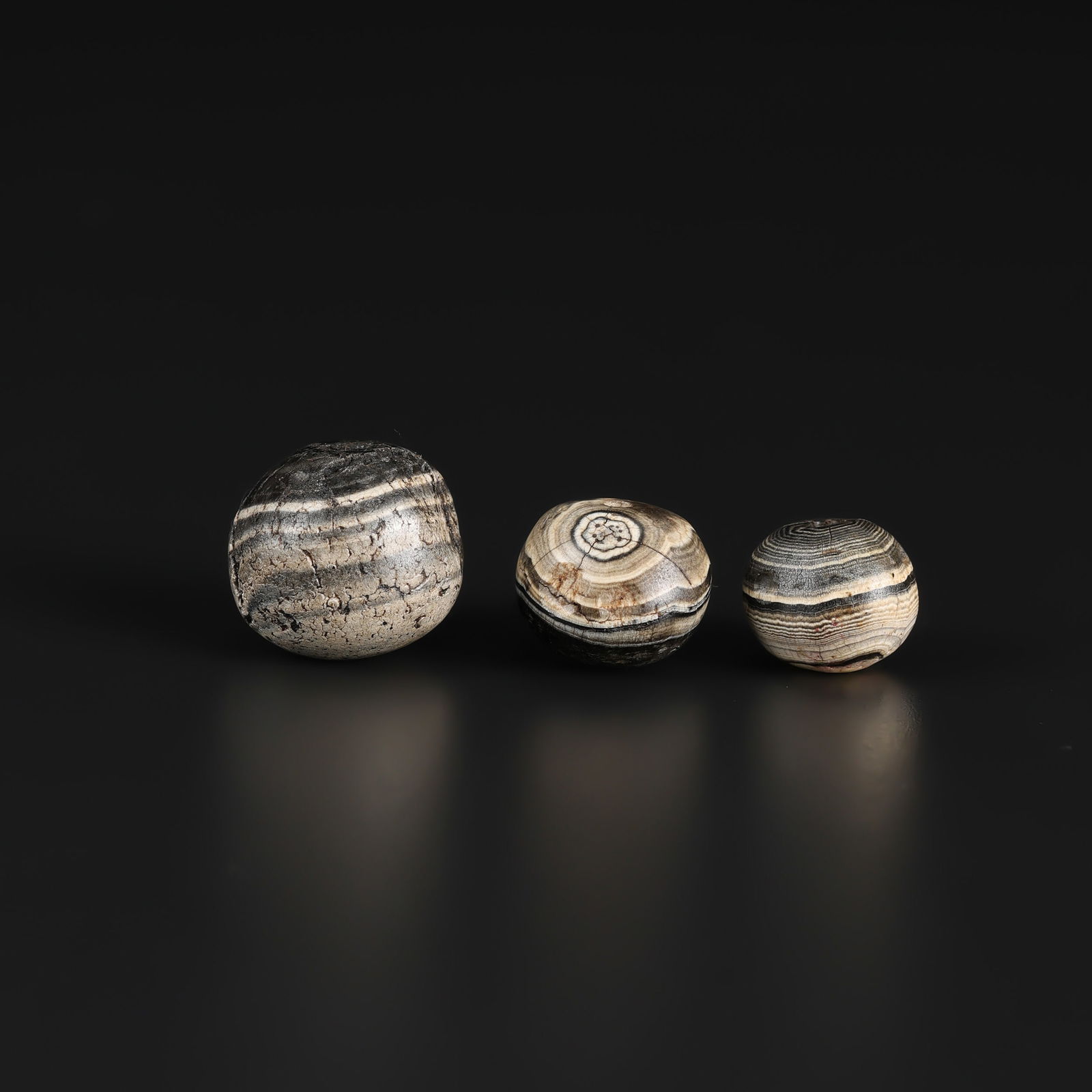 Himalayan Tibetan Banded Agate Beads, Group of Three — Circa 1st Millennium CE: Himalayan Tibetan Banded Agate Beads, Group of Three — Circa 1st Millennium CE Total Weight: 12gram