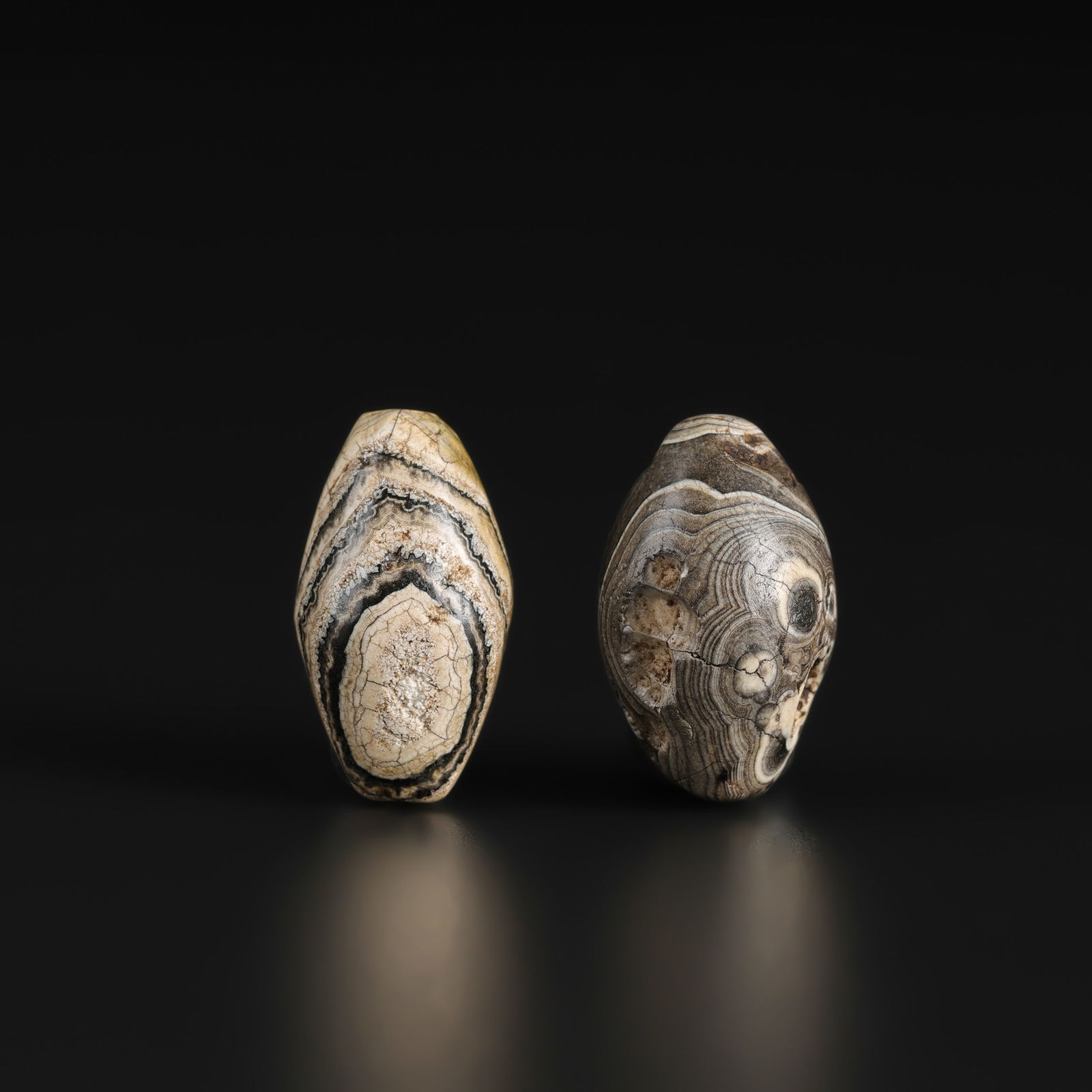 Himalayan Tibetan Banded Agate Beads, Group of 2— Circa 1st Millennium CE: Himalayan Tibetan Banded Agate Beads, Group of 2— Circa 1st Millennium CE Total Weight: 11gram