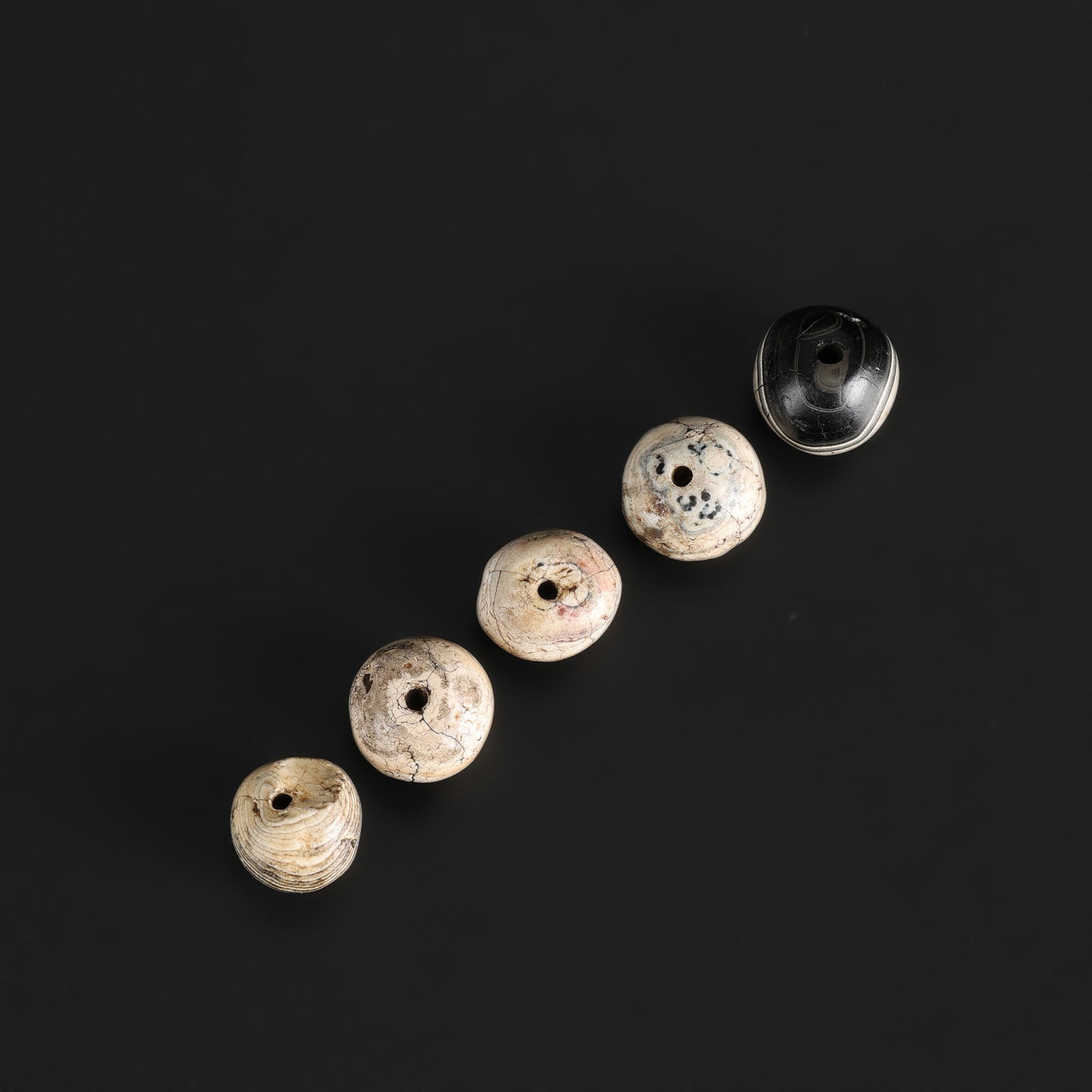 Early Medieval Period Himalayan Tibetan Sulemani Hakik (Banded Agate) Beads, Group of Five: Early Medieval Period Himalayan Tibetan Sulemani Hakik (Banded Agate) Beads, Group of Five Total Weight: 12gram