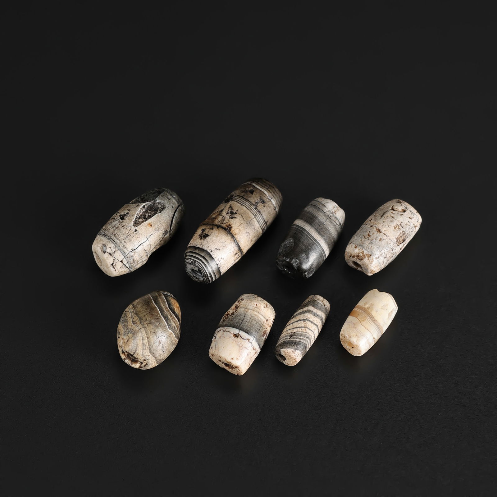 Early Medieval Period Himalayan Tibetan Sulemani Hakik (Banded Agate) Beads, Group of 8: Early Medieval Period Himalayan Tibetan Sulemani Hakik (Banded Agate) Beads, Group of 8 Total Weight: 10gram