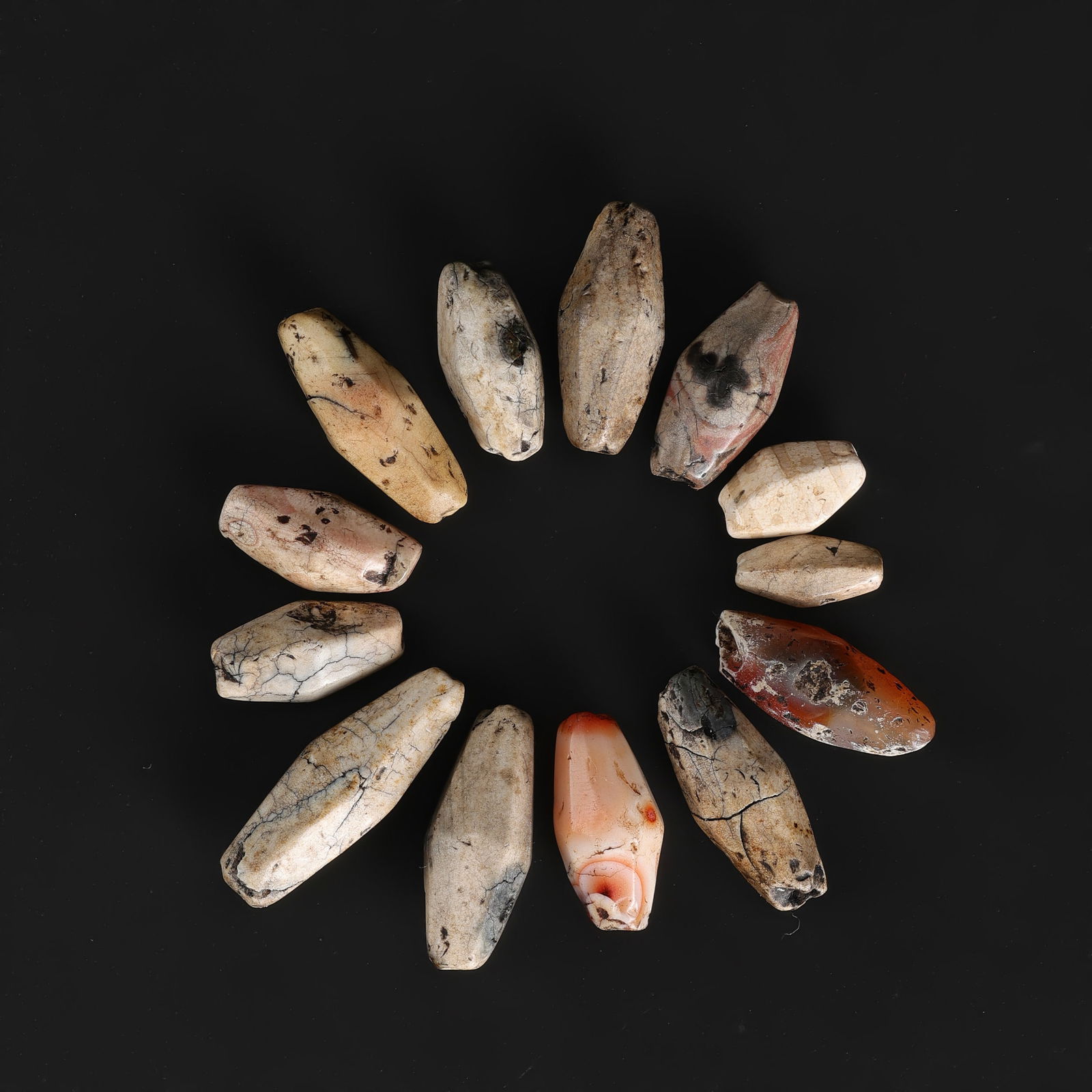 Early Medieval Period Himalayan Tibetan Sulemani Hakik (Banded Agate) Beads, Group of 13: Early Medieval Period Himalayan Tibetan Sulemani Hakik (Banded Agate) Beads, Group of 13 Total Weight: 25gram