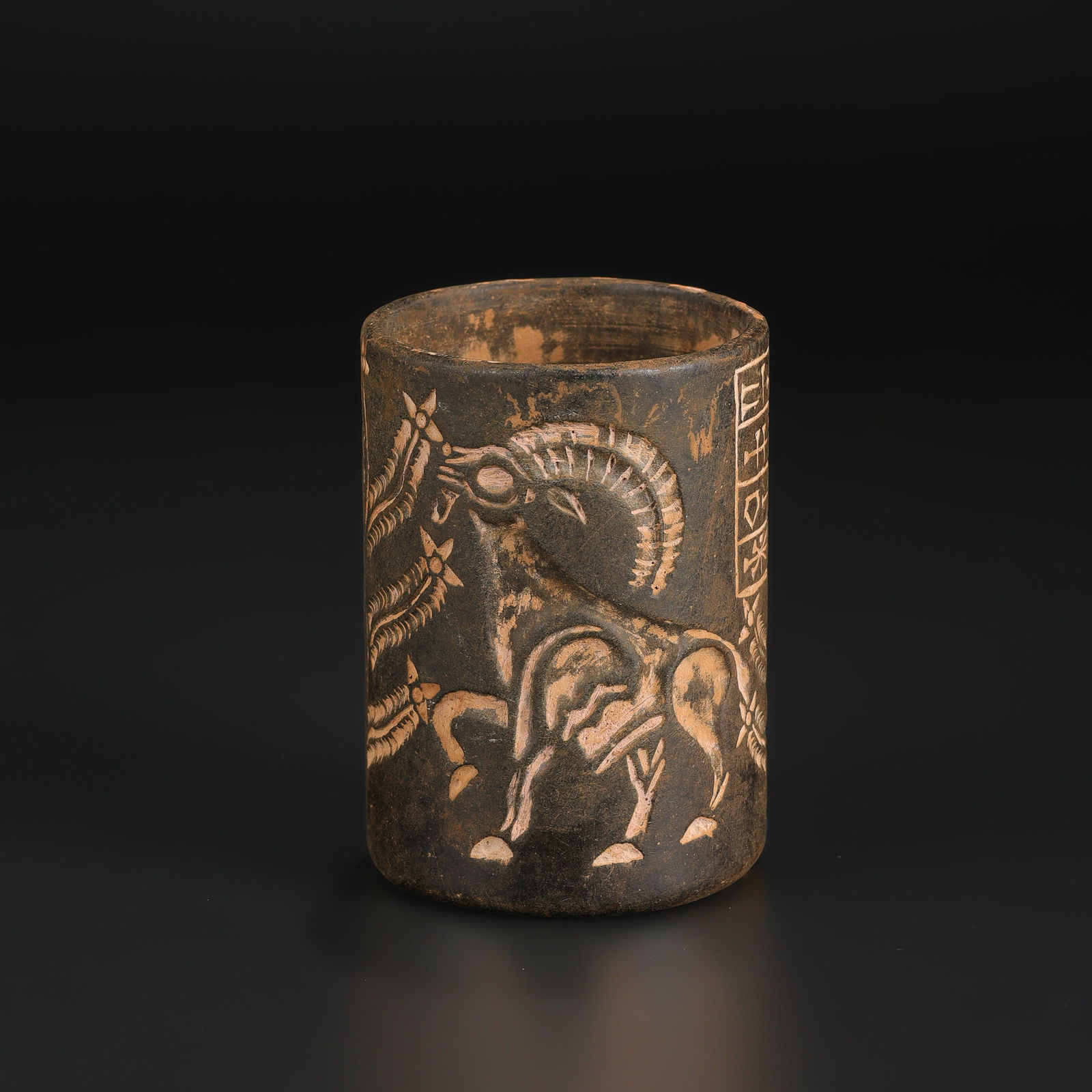 Near Eastern Chlorite Stone Cup with Decorative Figural Motifs: Near Eastern Chlorite Stone Cup with Decorative Figural Motifs. Size Detail: 6.5 x 9.5cm Weight: 261gram