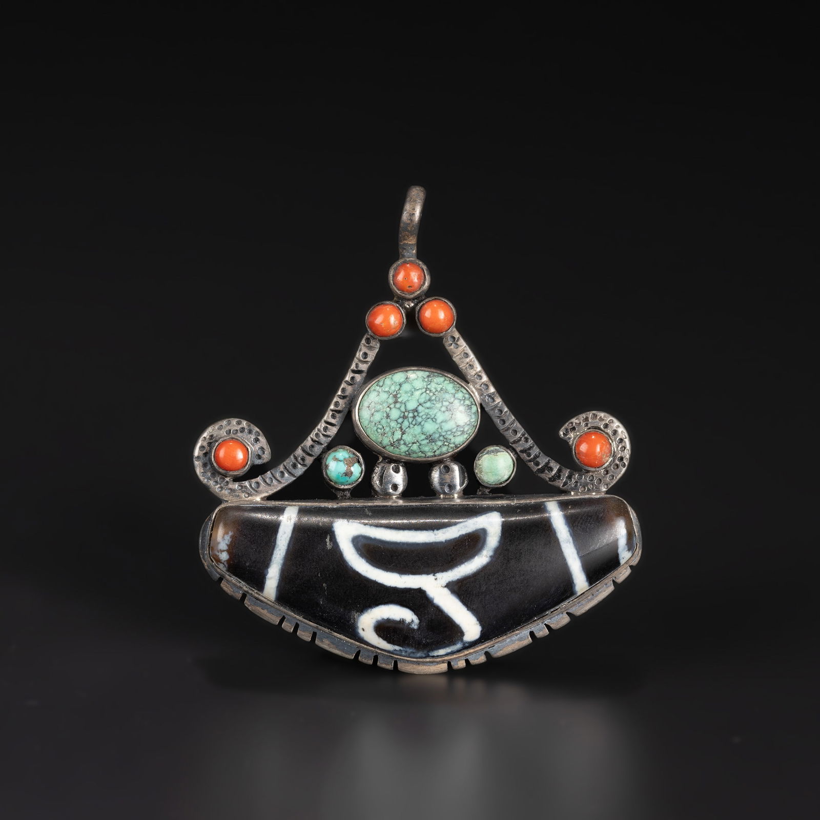 Vintage Handmade Sterling Silver Pendant with Turquoise, Coral, and Dzi Bead: Vintage Handmade Sterling Silver Pendant with Turquoise, Coral, and Dzi Bead. Size Detail: 5.8 x 6.5cm Weight: 26gram