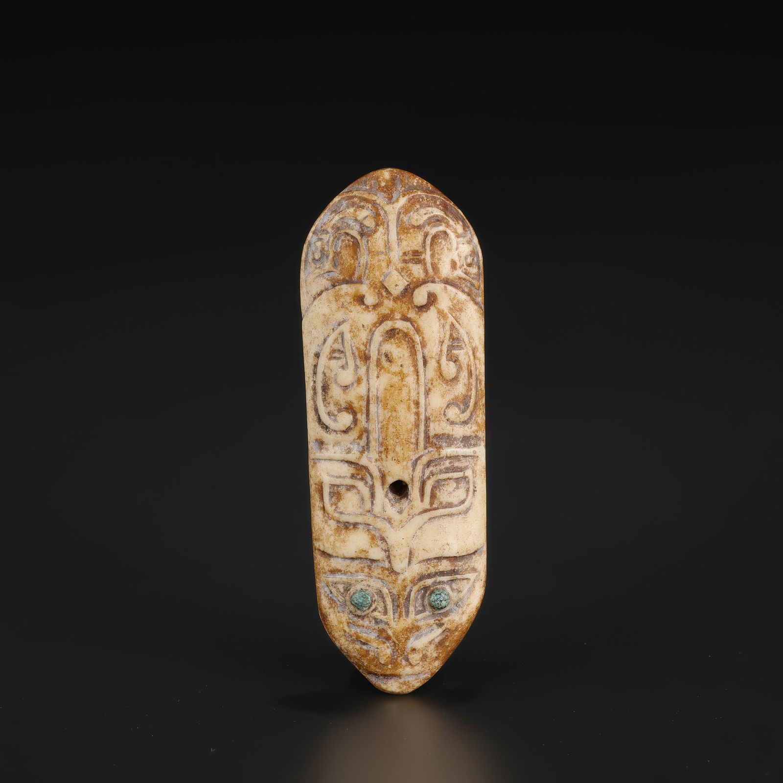 Qing Dynasty Chinese Trible Antique Jewelry Bone Pendant Inlayed Turquoise Stone: Qing Dynasty Chinese Trible Antique Jewelry Bone Pendant Inlayed Turquoise Stone Size Detail: 2.6 x 7.5cm Weight: 19gram