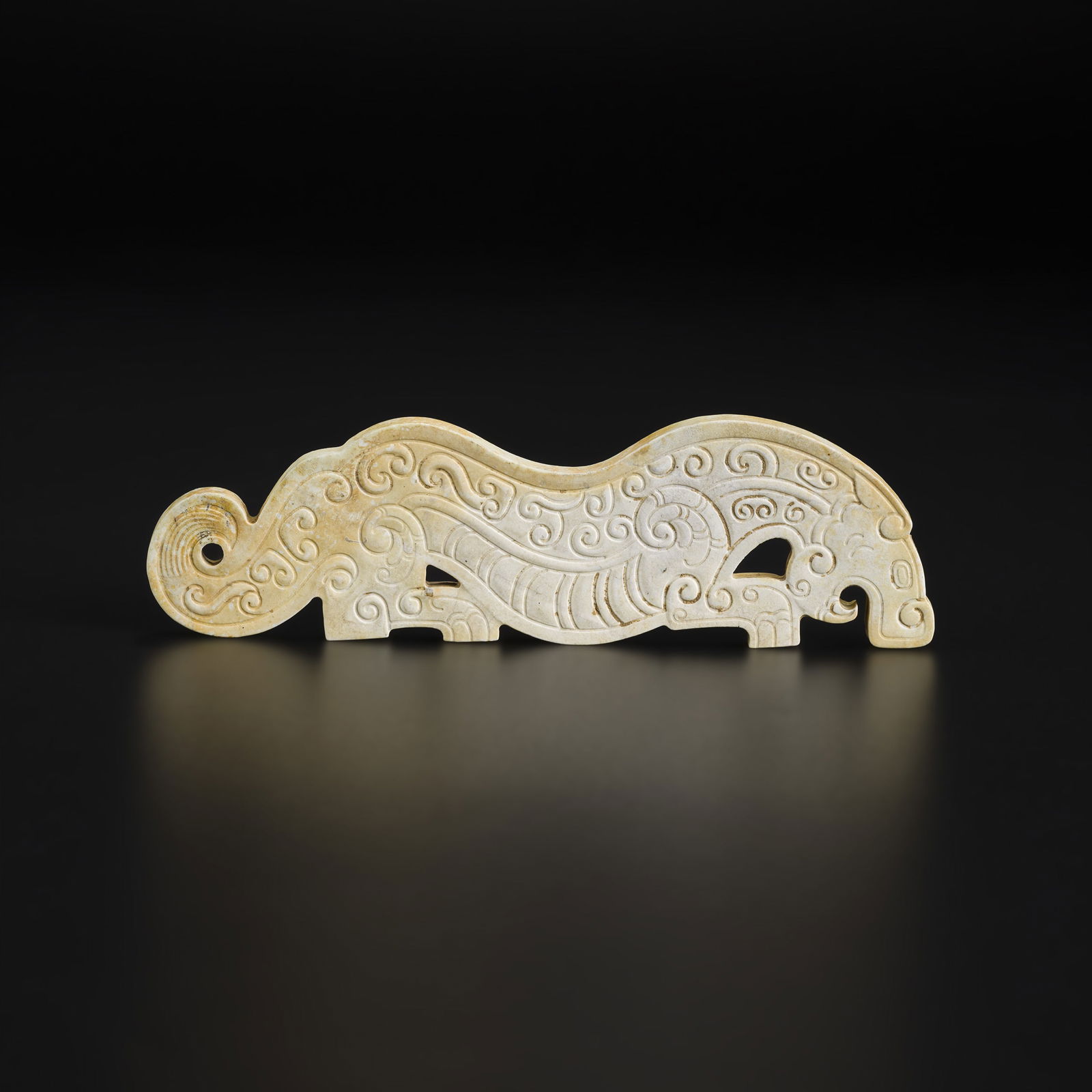 Western Zhou Dynasty Chinese Hetian Jade Carved Beast Dragon Pendant: Western Zhou Dynasty Chinese Hetian Jade Carved Beast Dragon Pendant Size Detail: 12.5 x 3.6cm Weight: 47gram