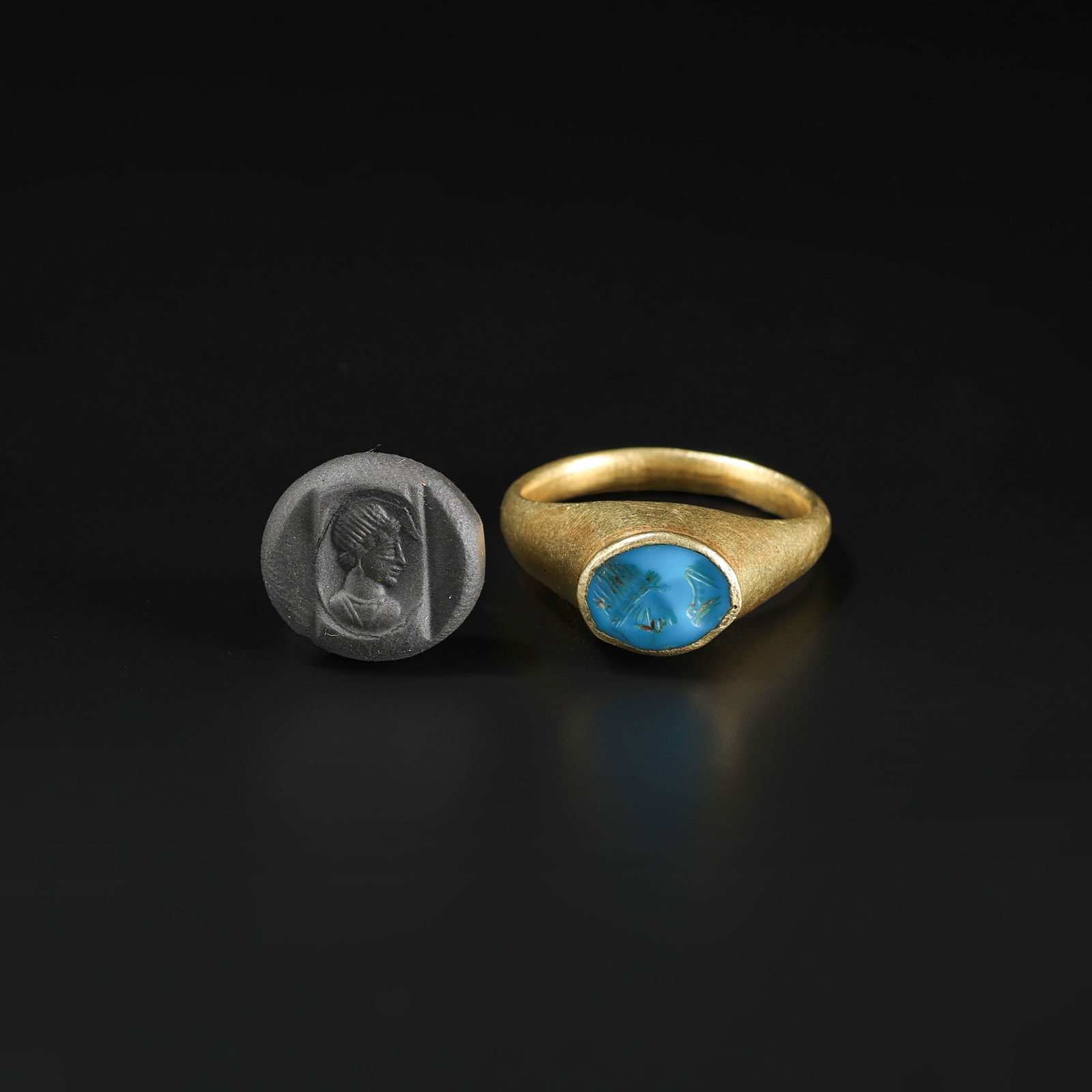 Antique Old Jewelry Ancient Greek Antiquity 17K Gold Ring Blue Glass Signet Seal (1 of 7)