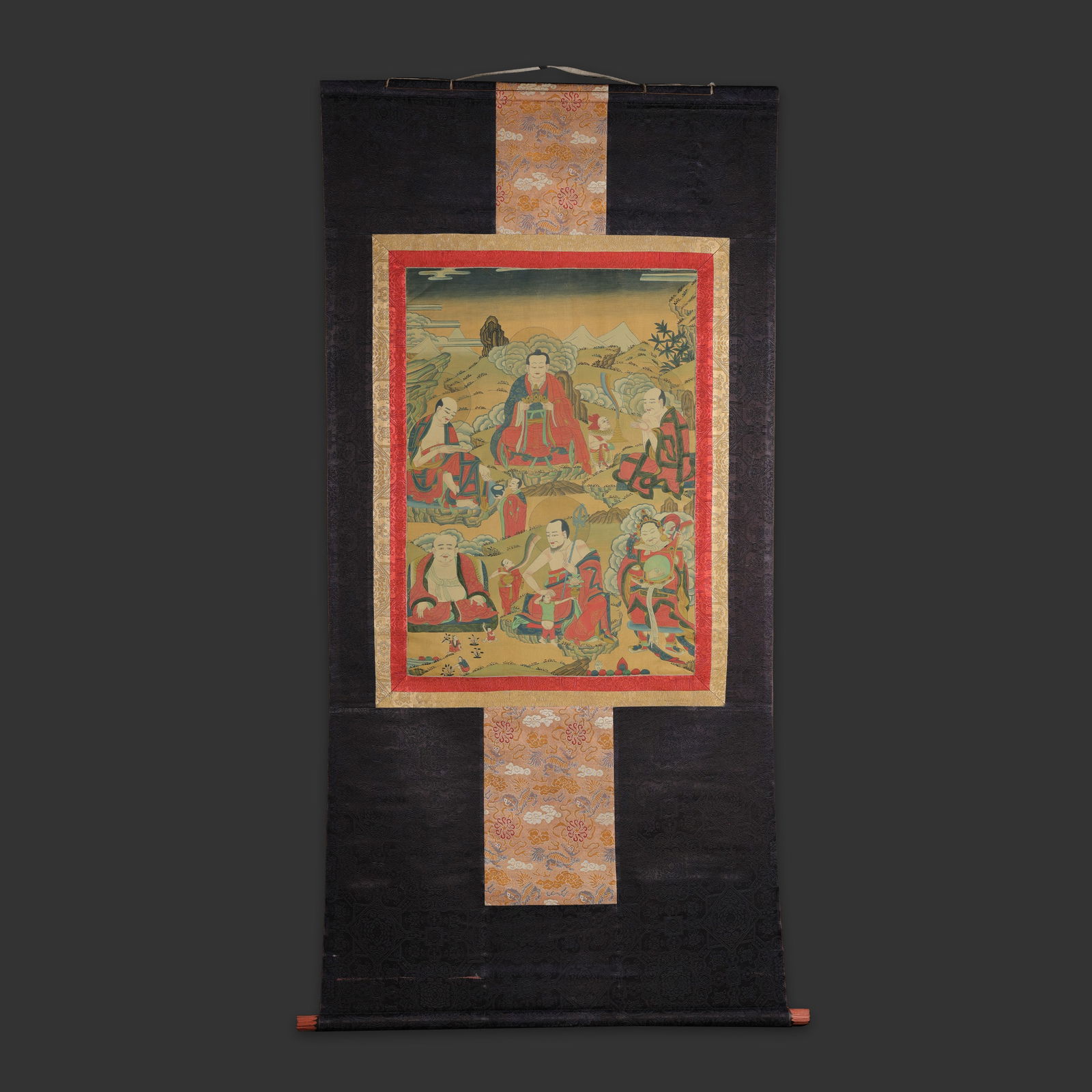 Antique Tibetan Thangka Painting of Depicting Several Buddhist Figures with Silk Border (1 of 5)