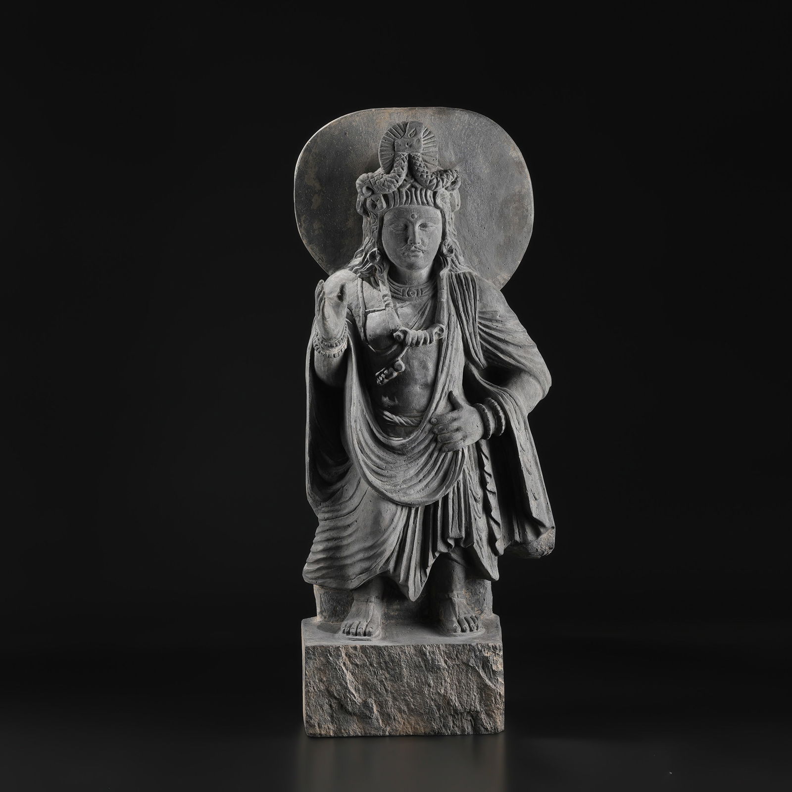 Gandharan Sculpture of a Standing Bodhisattva Maitreya: Gandharan Sculpture of a Standing Bodhisattva Maitreya Size Detail: 31 x 72cm Total Weight: 45.2kg