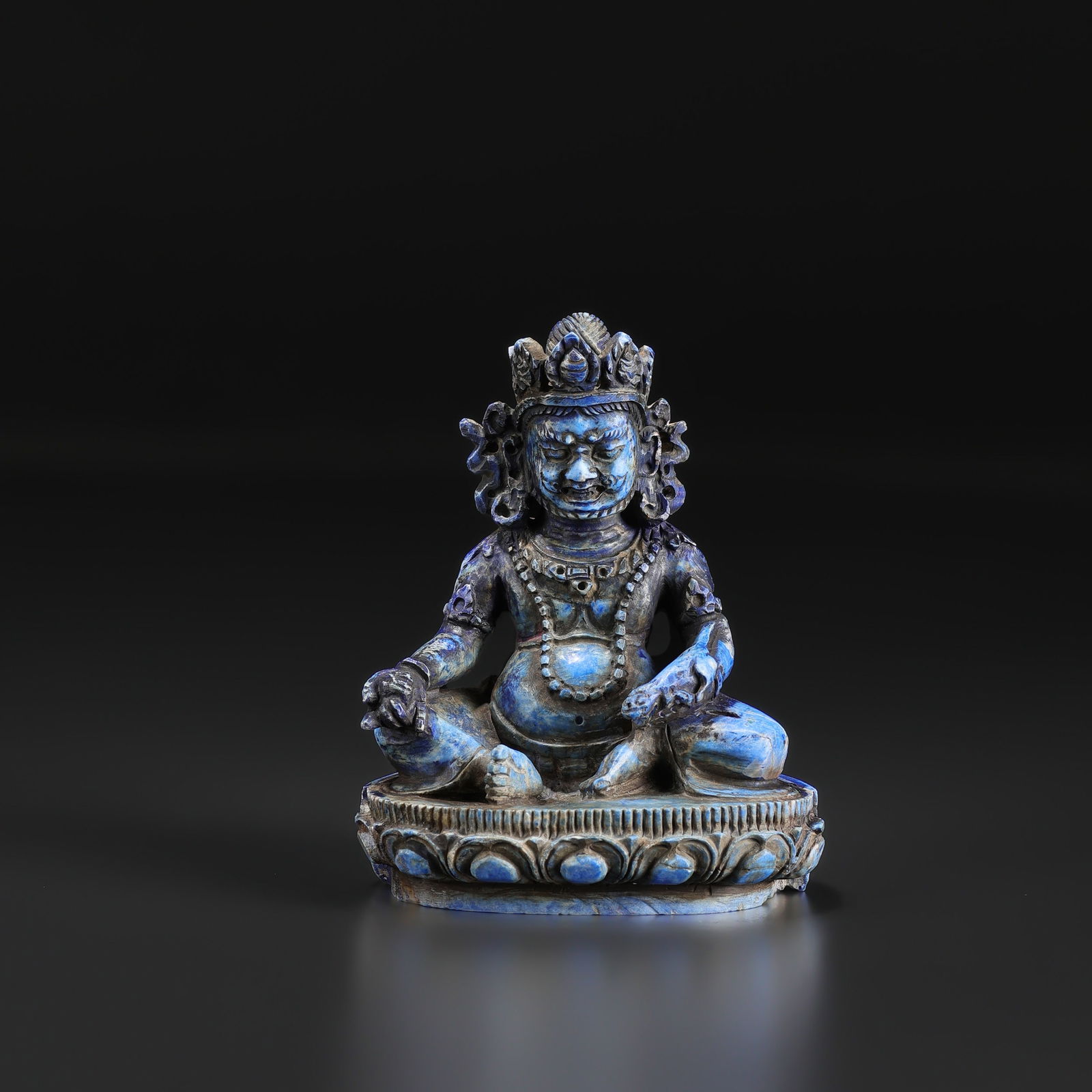 Old Hand Craved Lapis lazuli Stone Statue of the Buddhist Deity Yellow Dzambhala (1 of 5)