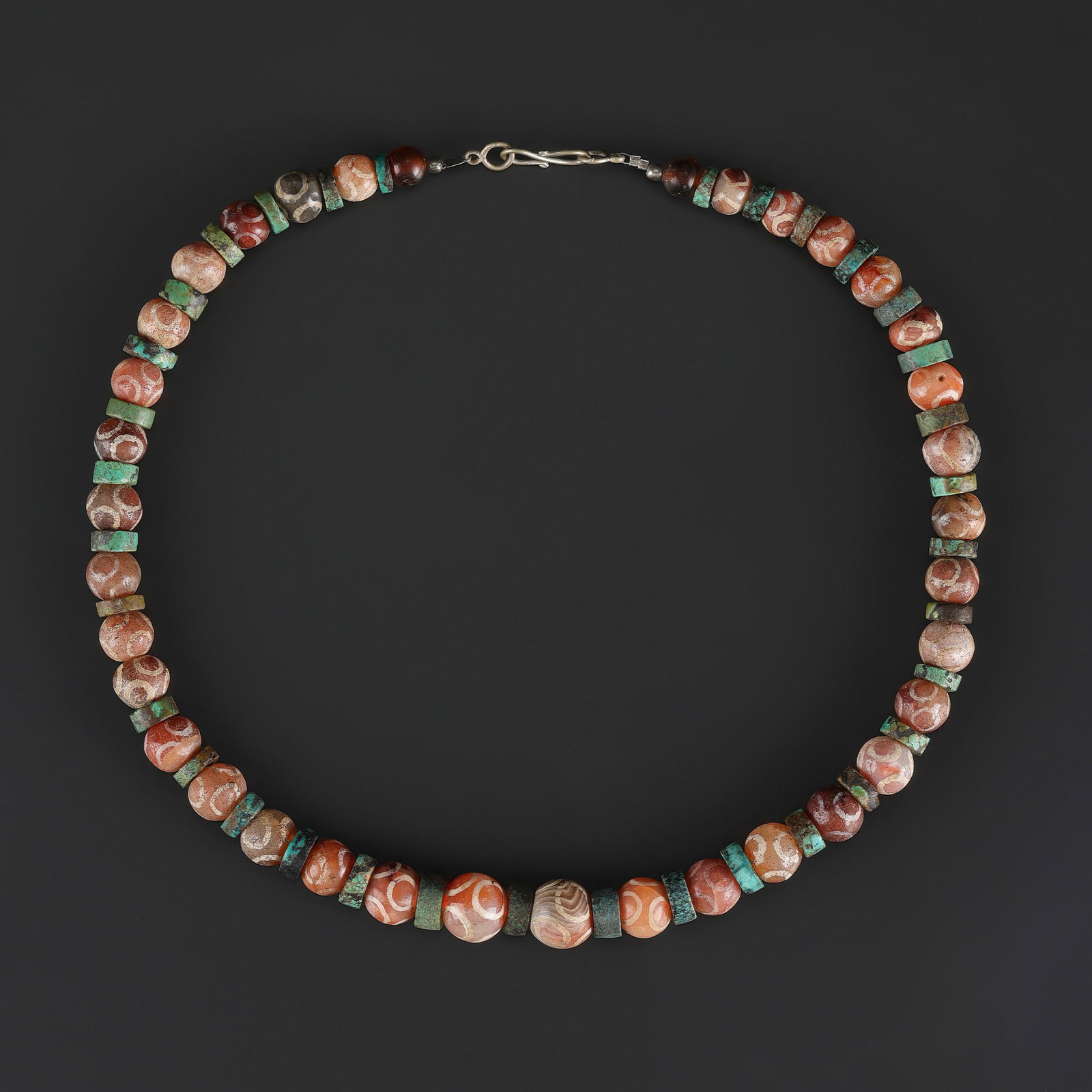 Old Mixed Turquoise and Etched Carnelian Beads Necklace: Old Mixed Turquoise and Etched Carnelian Beads Necklace Length: 22in Total Weight: 135gram