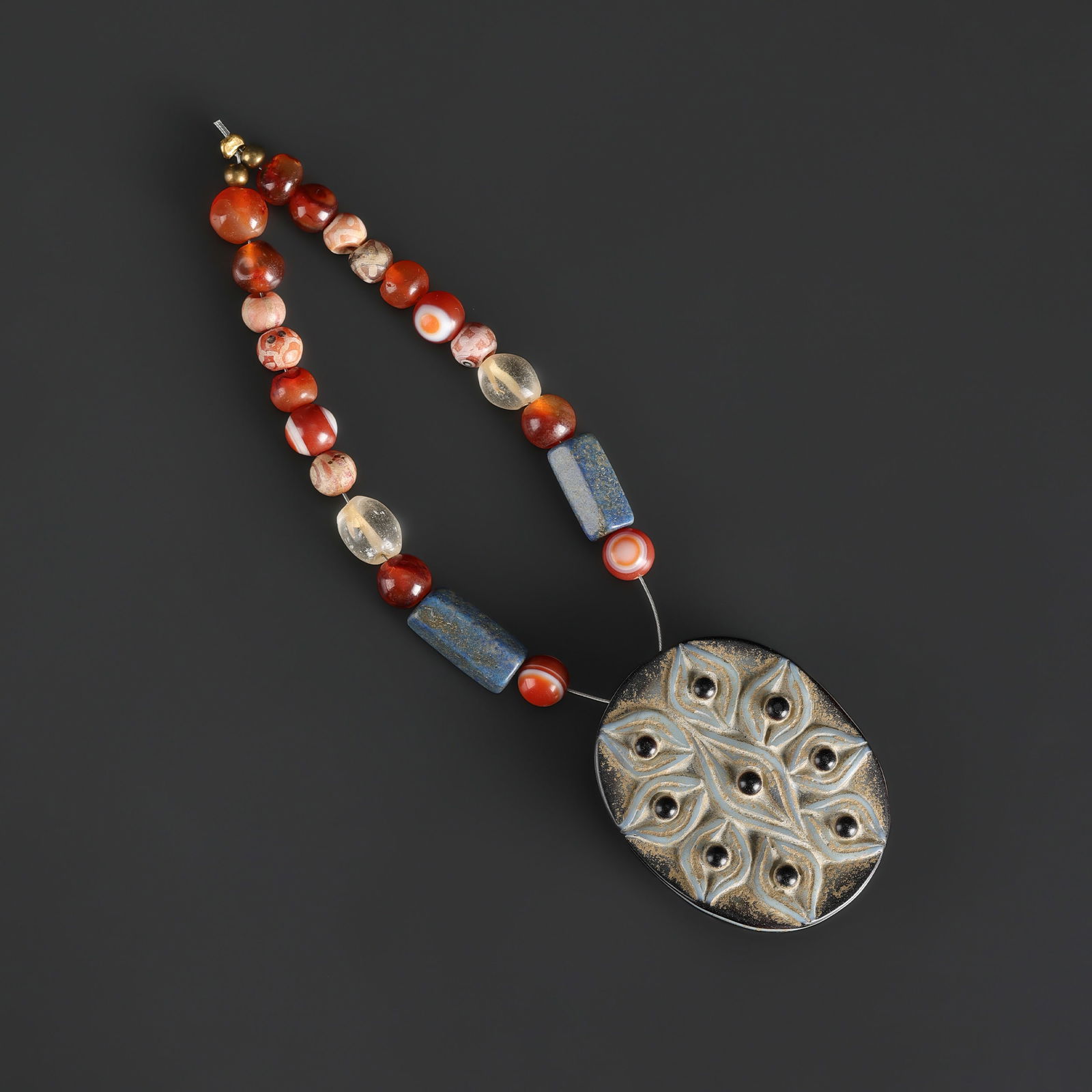 Tibetan DZI Tian Yan Bodhi Nine Eyes Buddha Amulet Pendant with Lapis and Mixed Old Beads Lot (1 of 4)