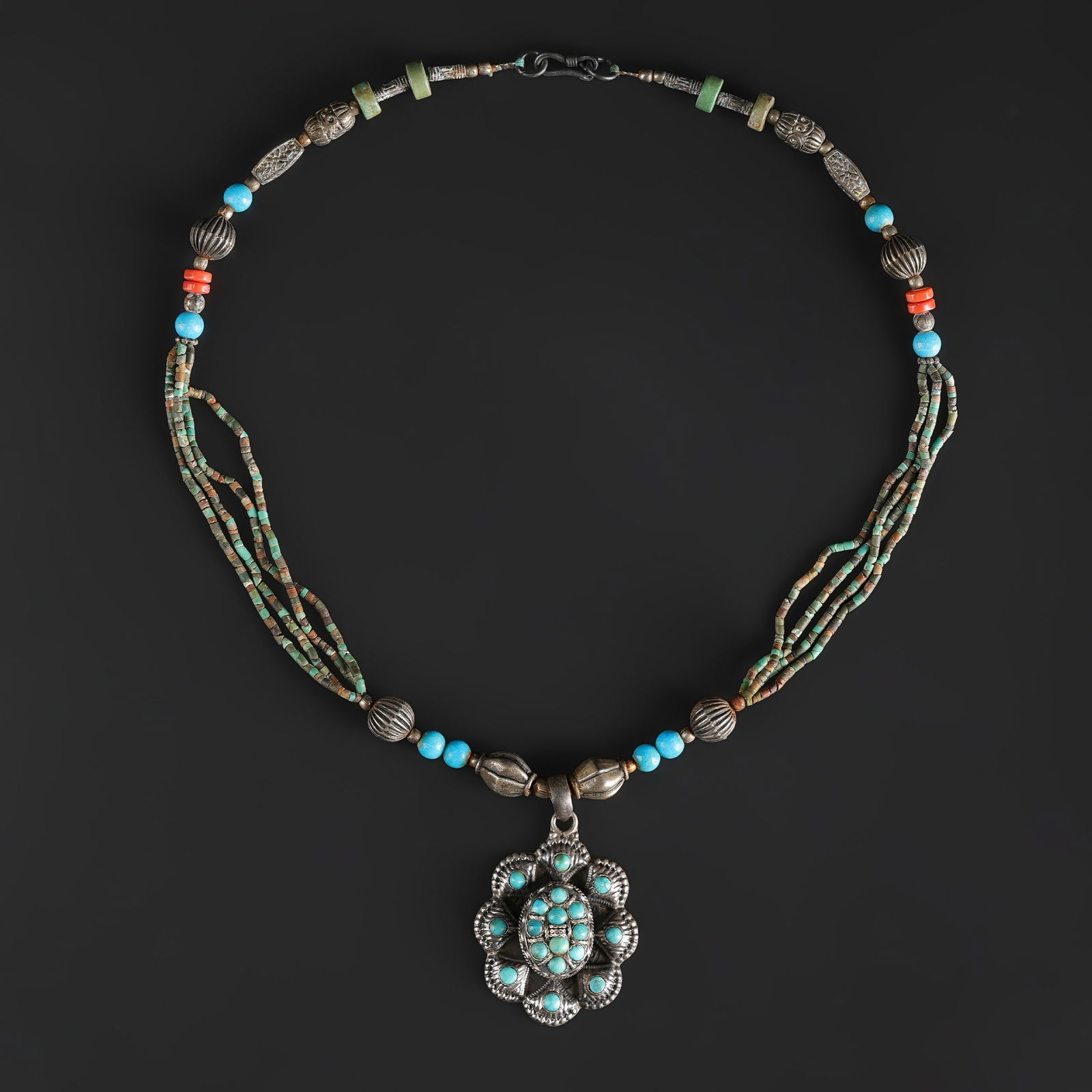 Himalayan Nepalian Hand Made White Metal Brass Necklace Inlaid With Turquoise (1 of 5)