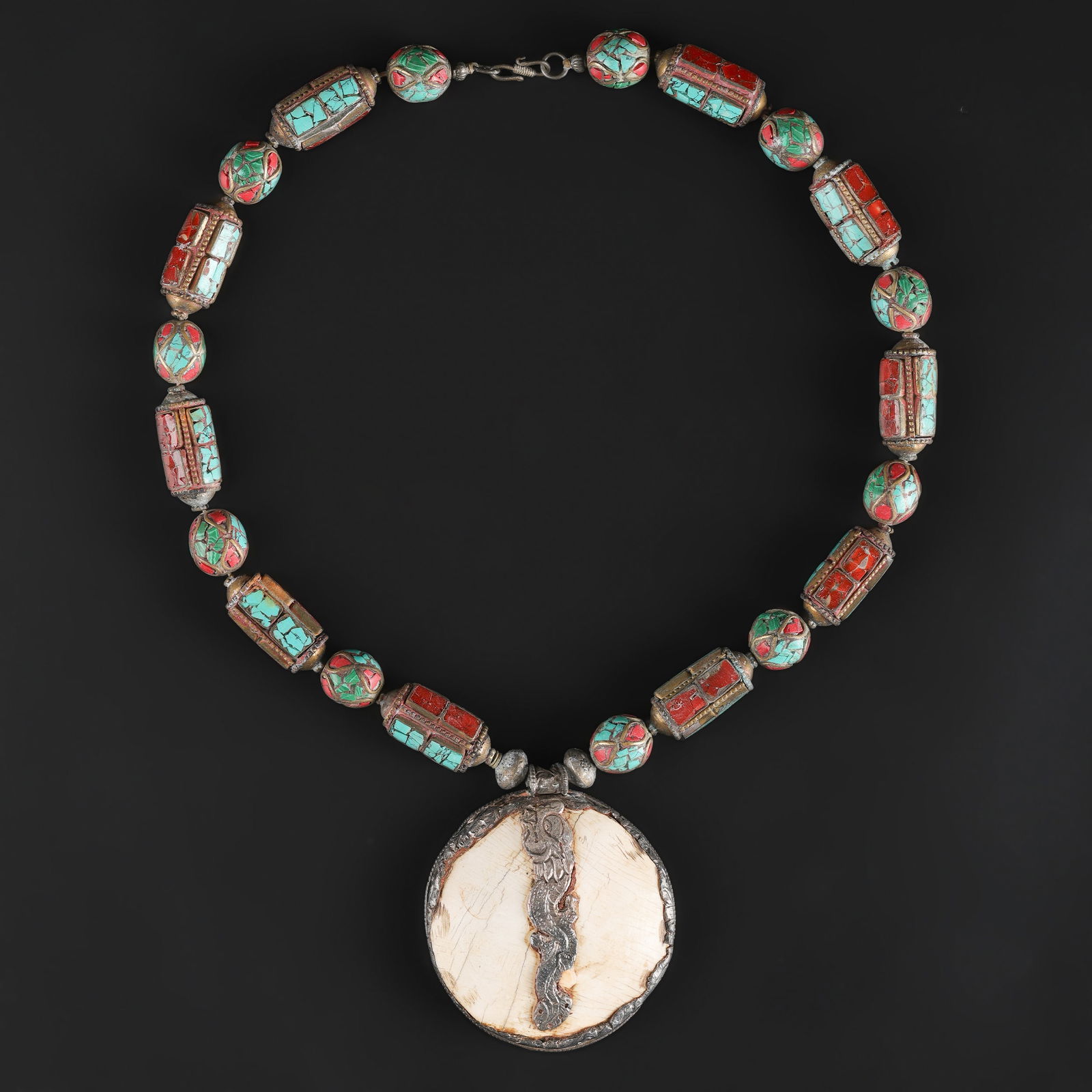 Himalayan Nepalian Hand Made White Metal Brass Necklace Inlaid With Turquoise and Coral: Himalayan Nepalian Hand Made White Metal Brass Necklace Inlaid With Turquoise and Coral Length: 26in Weight: 219gram