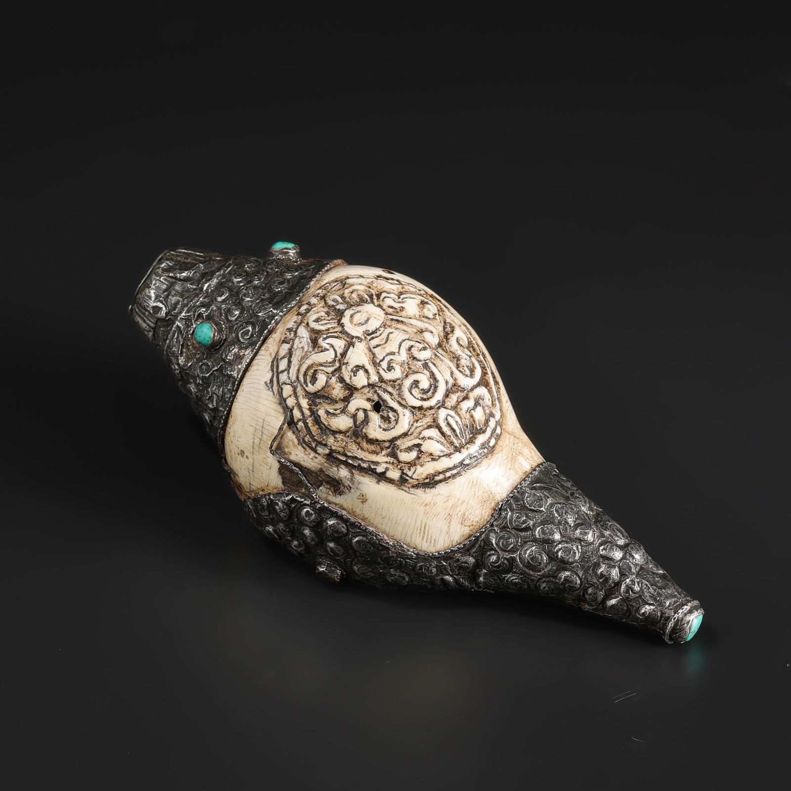 Old Tibet Bronze Inlay Turquoise 8 Auspicious Symbol Conch Shell Trumpet Horn (1 of 4)