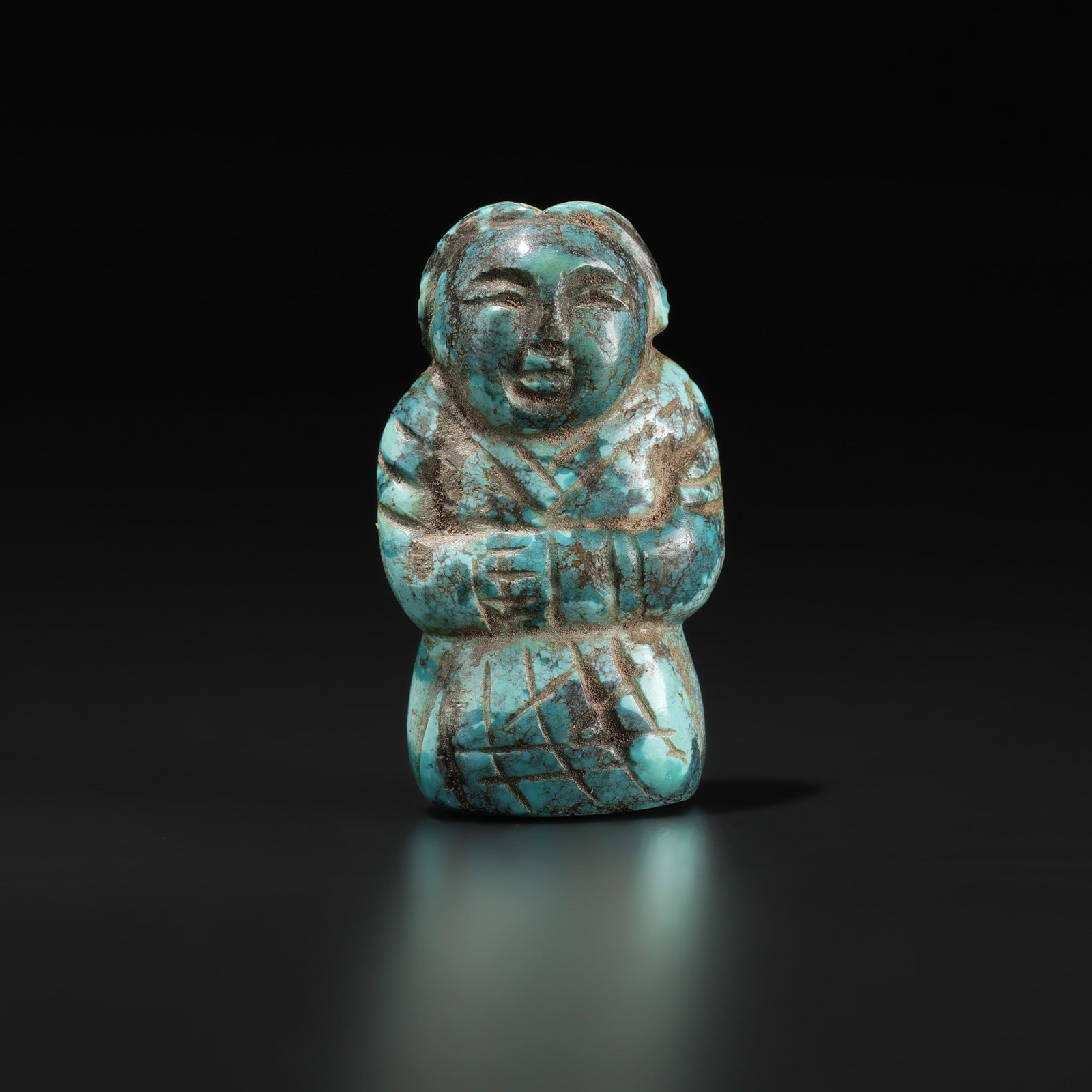 Tibetan Turquoise Hand Carved Human Collectible Figure: Tibetan Turquoise Hand Carved Human Collectible Figure Size Detail: 2 x 3.3cm Weight: 13gram