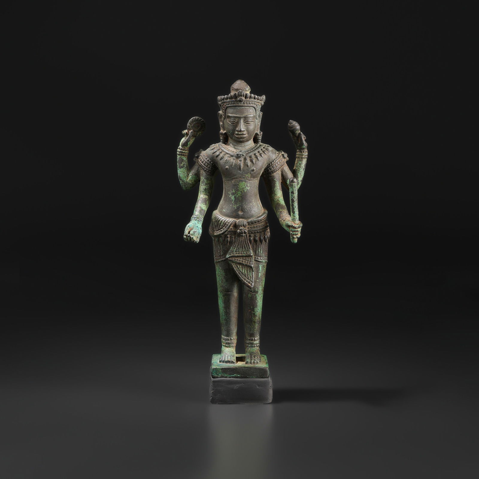 Antique Khmer Bronze Standing Four Armed Vishnu Statue (1 of 5)