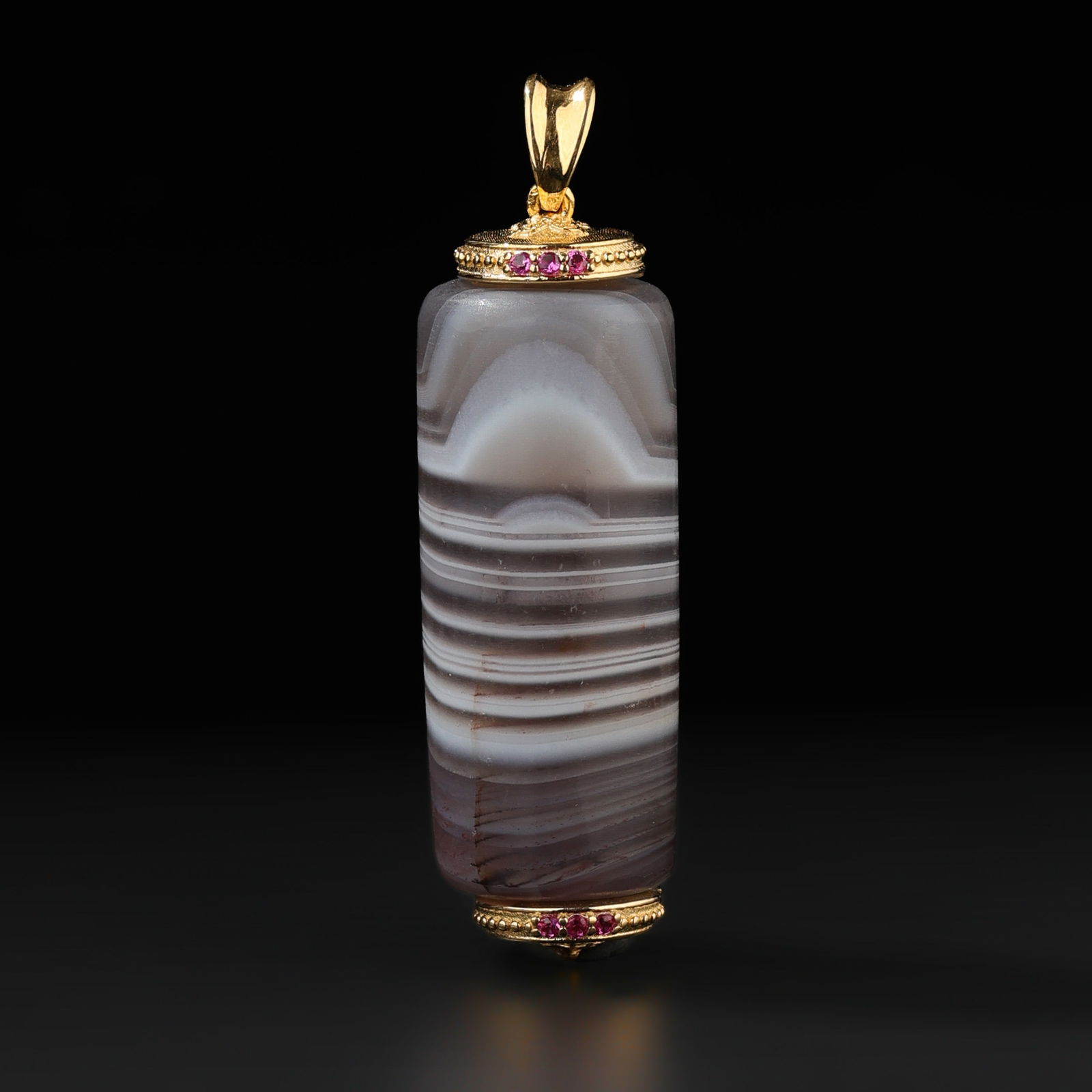 Grey Banded Agate Cylindrical Bead Pendant Molded in Silver Gold Plate (1 of 4)
