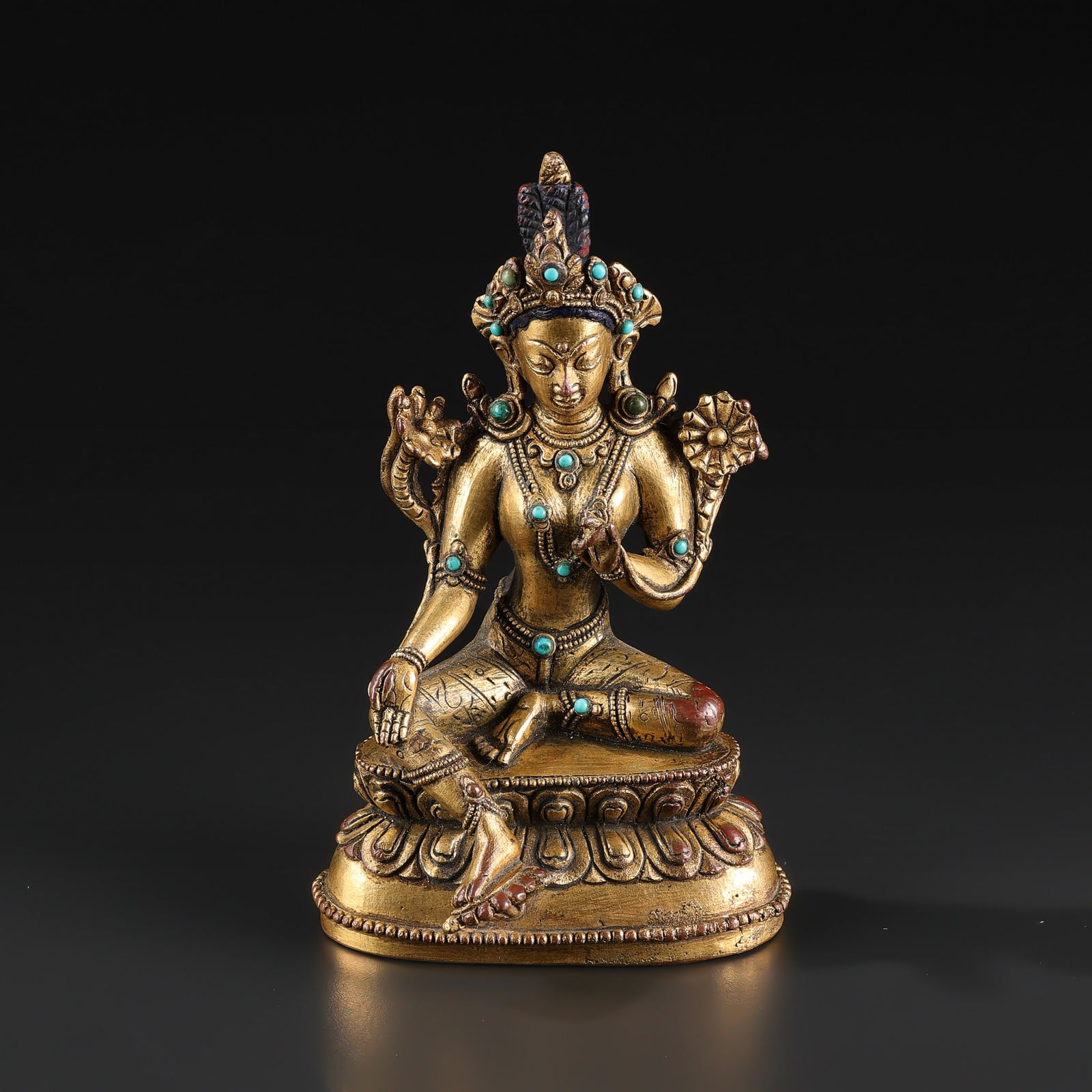 Chinese Tibet Buddhism Bronze Gilt Inlay Gem Green Tara Kwan-yin Goddess Statue (1 of 6)