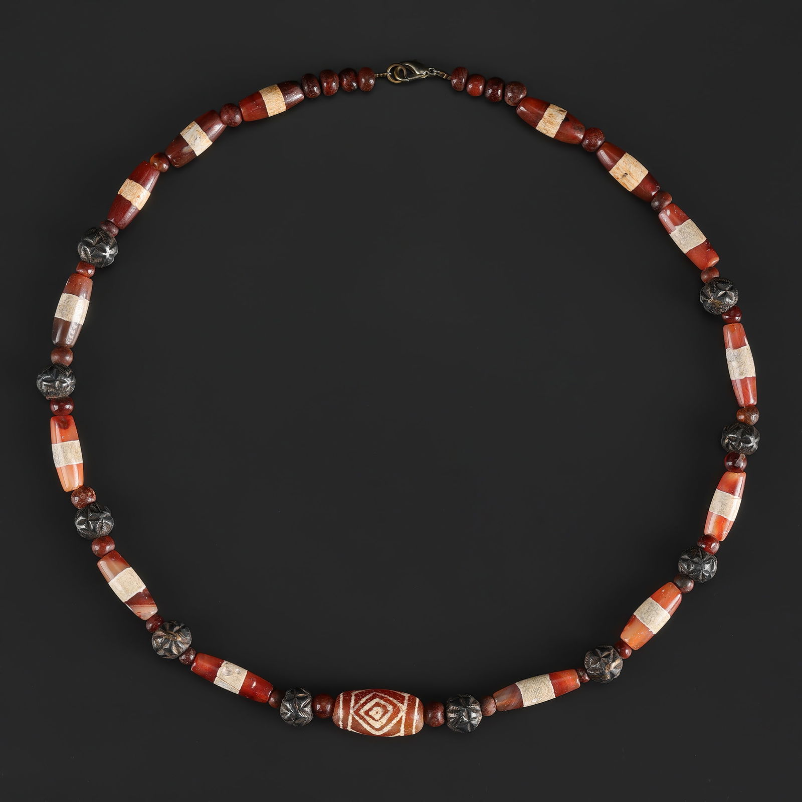 Antique Himalayan Indo Tibetan Etched Agate and Carnelian Beads Necklace (1 of 4)