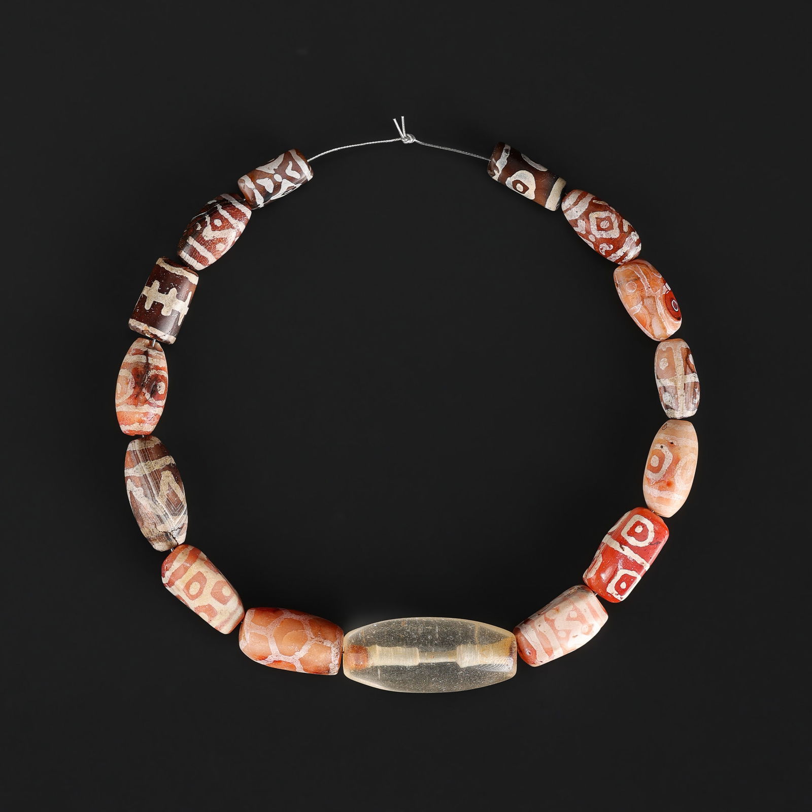 Strand of Old Etched Carnelian Beads with Crystal Bead Pendant: Strand of Old Etched Carnelian Beads with Crystal Bead Pendant Total Weight: 44gram