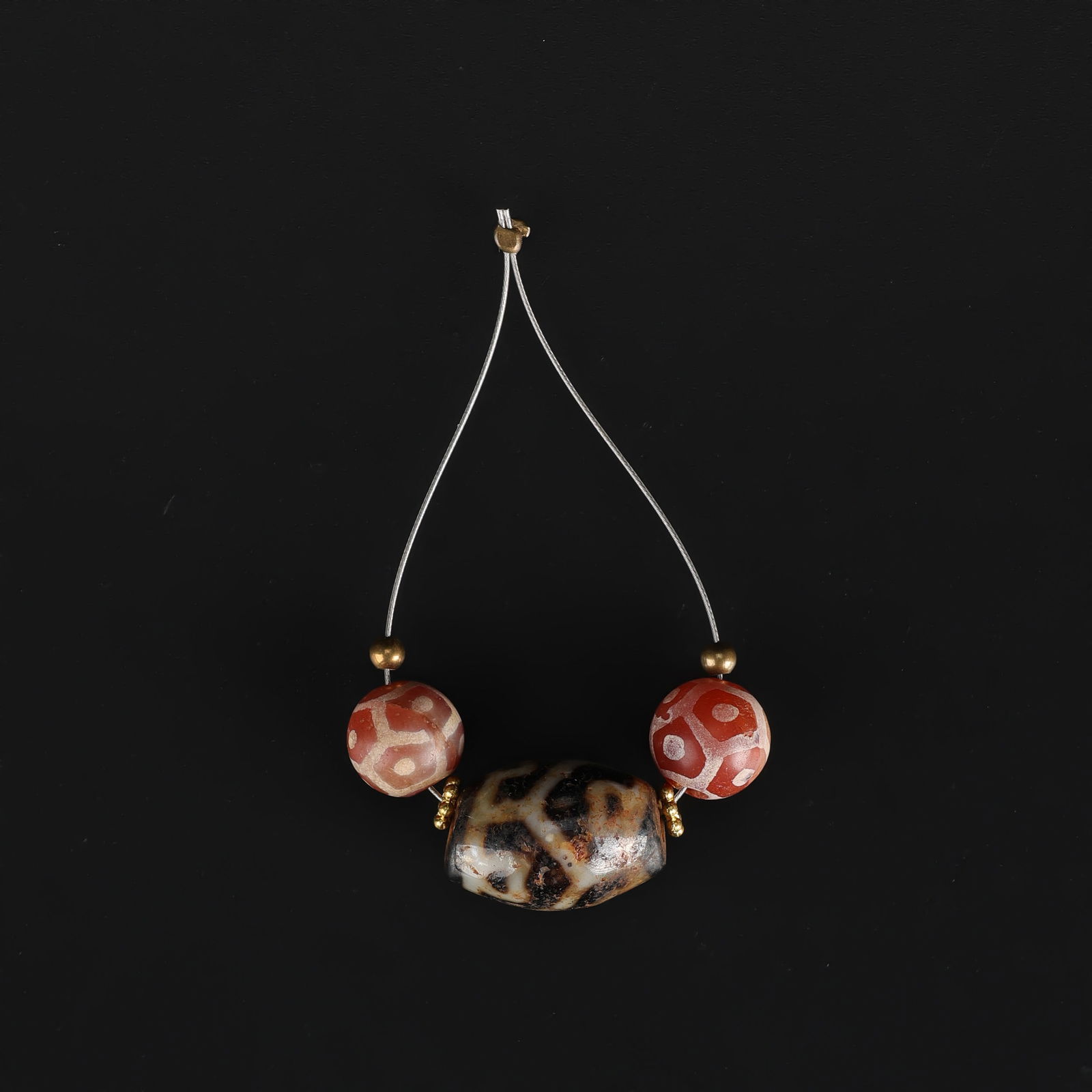 Old Ancient Tibetan Dzi Bead with Pair of Painted Carnelian Beads (1 of 4)