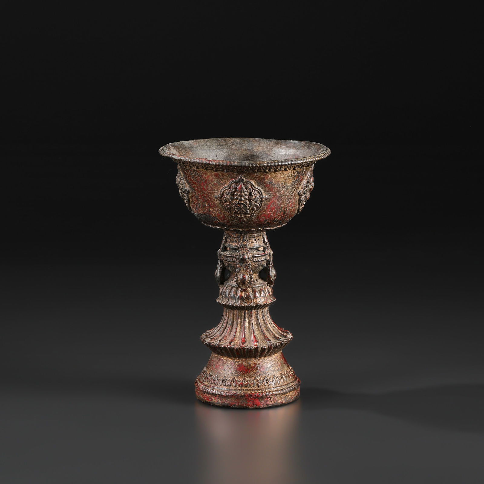 Old Tibetan Bronze Silver Auspicious Symbol Oil Lamp Cup (1 of 5)