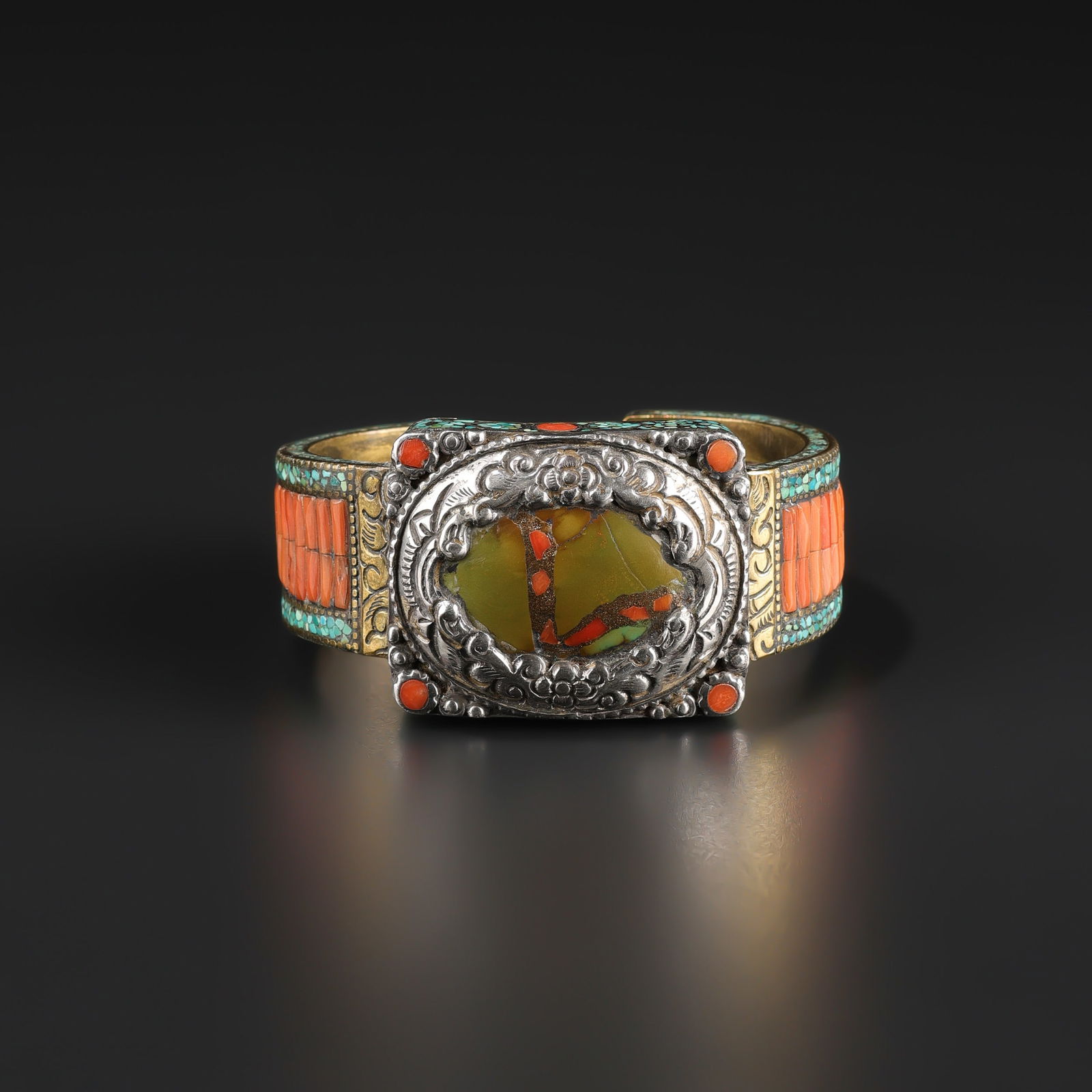 Antique Hand Made Nepali Tibetan Vintage Jewelry Silver Coral Turquoise Bracelet (1 of 5)