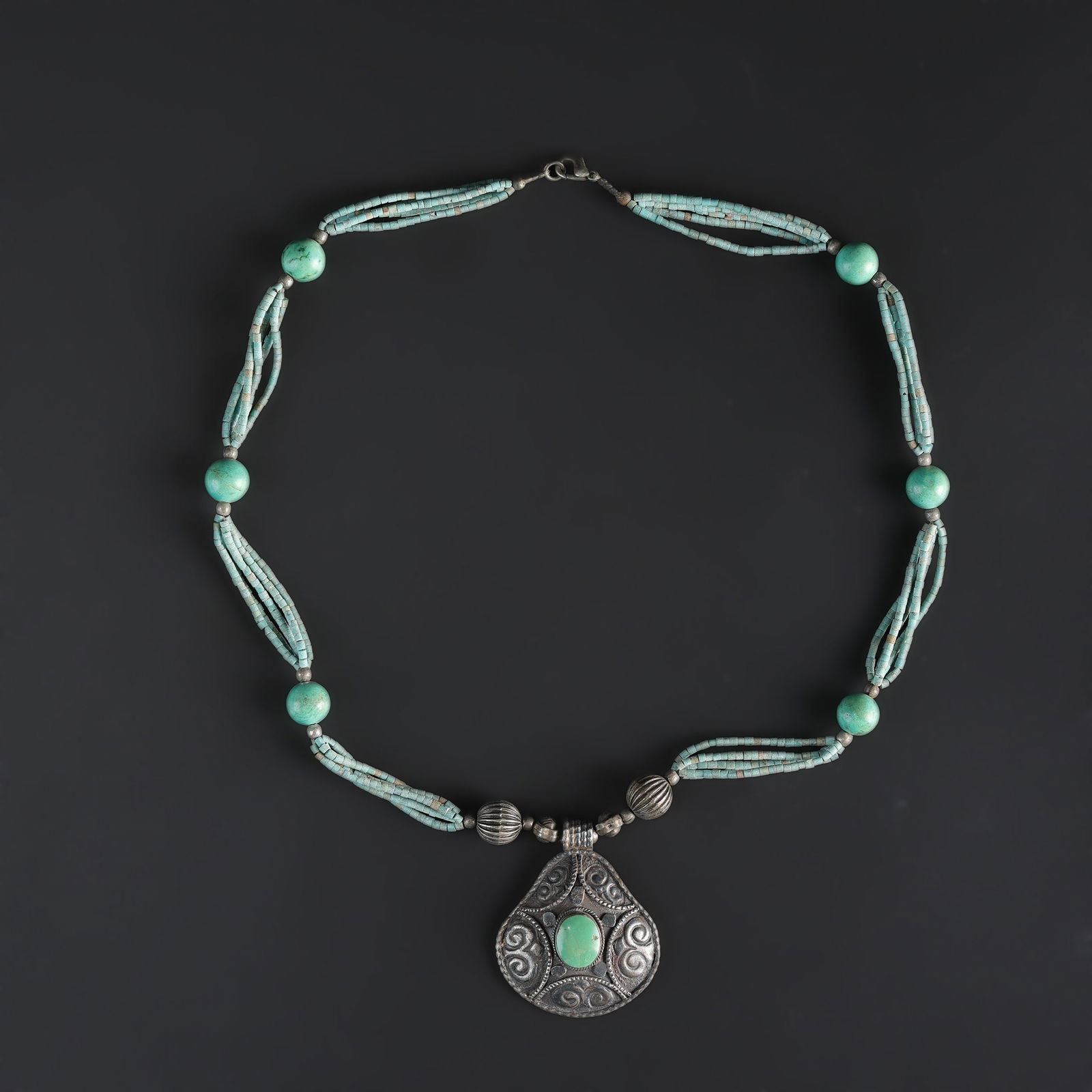 Vintage Himalayan Nepalian Hand Made Silver Pendant Turquoise Bead Necklace (1 of 5)