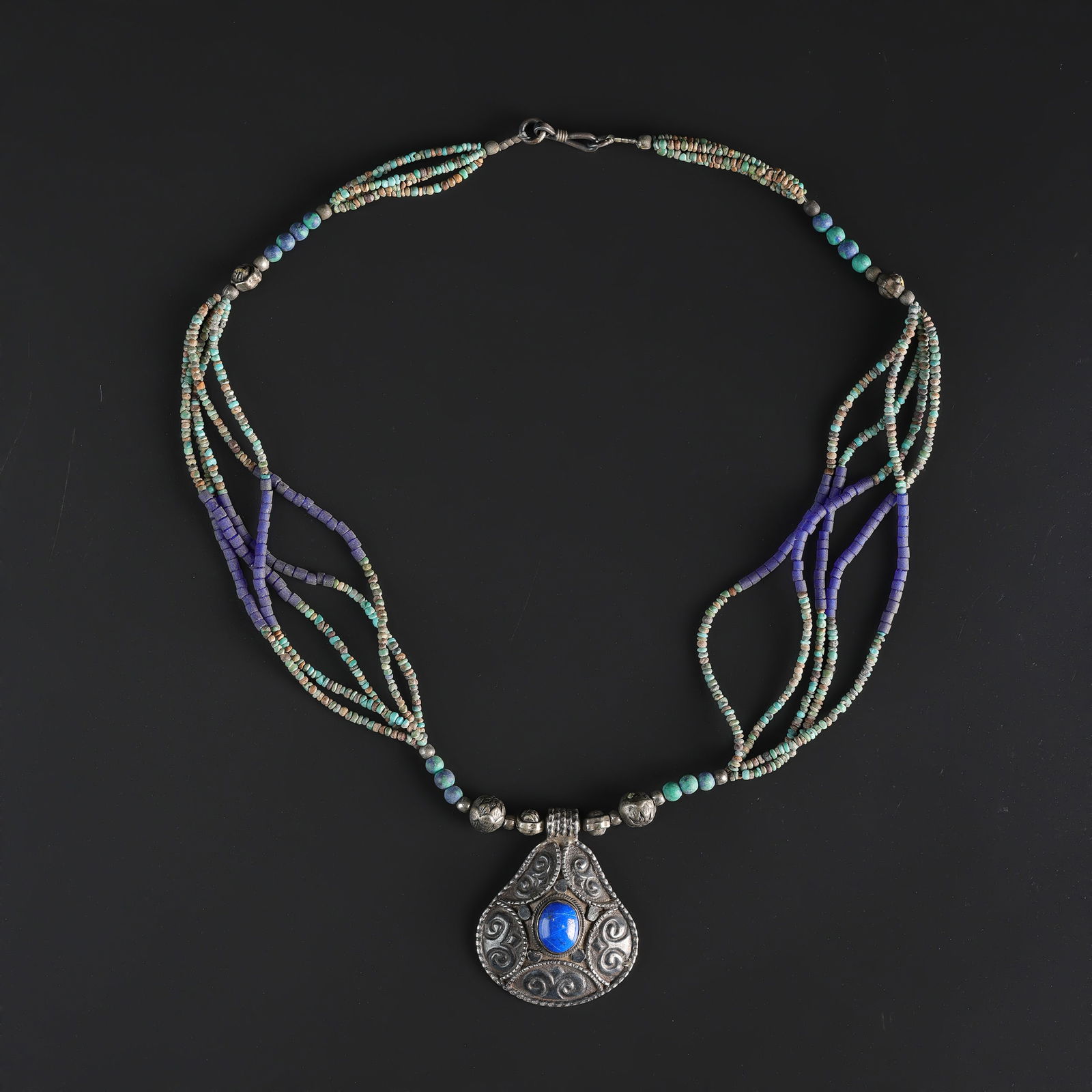 Vintage Himalaya Nepalian Hand Made Silver Pendant Turquoise Lapis Bead Necklace (1 of 5)