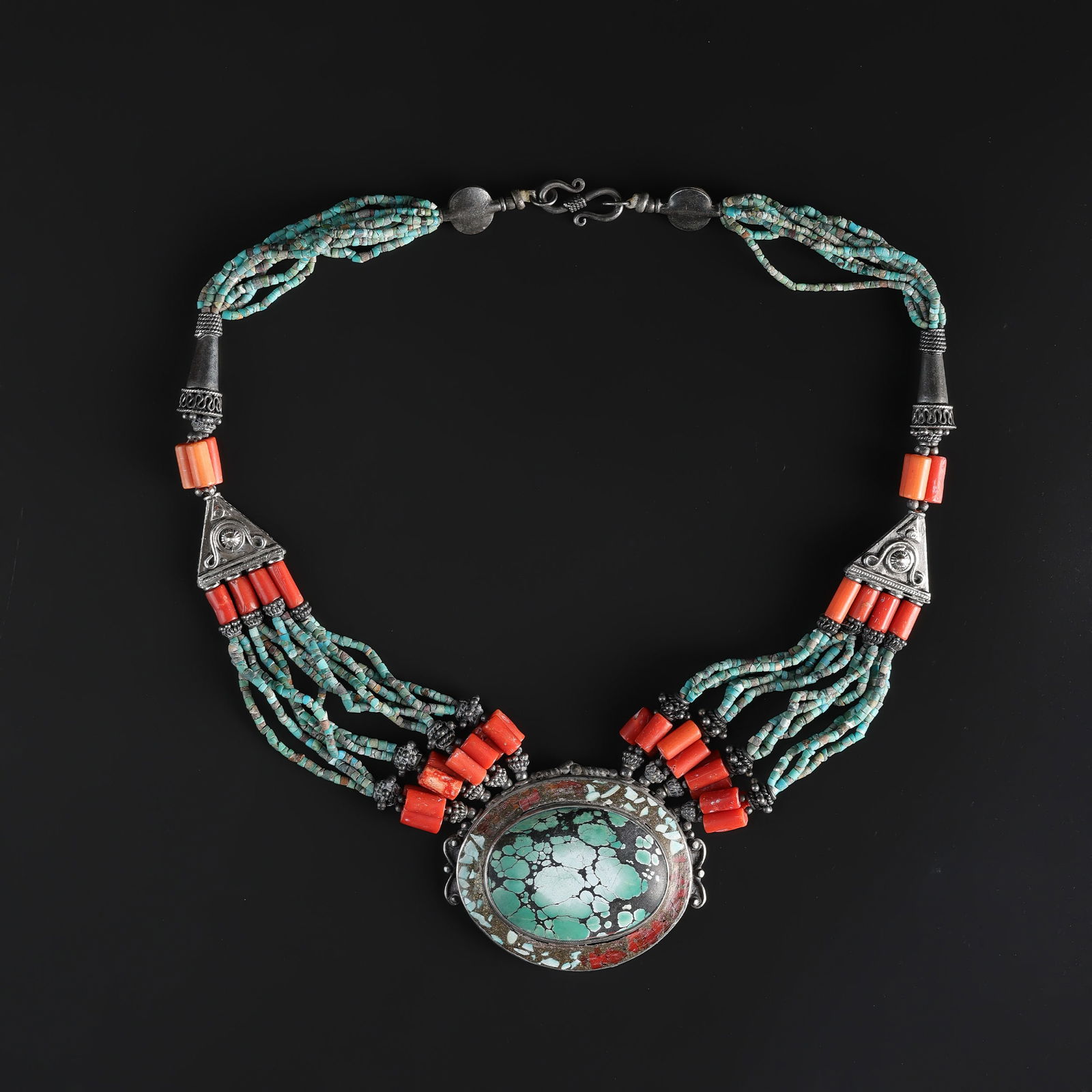 Himalayan Nepalian Hand Made White Metal Brass Necklace Inlaid With Turquoise (1 of 5)