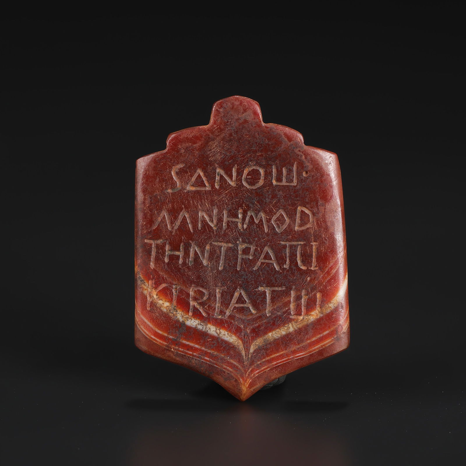 Near Eastern Bactrian Greek Roman Antique Jasper Stone Pendant Inscription Text: Near Eastern Bactrian Greek Roman Antique Jasper Stone Pendant Inscription Text Size Detail: 4.7 x 6.6cm Weight: 27gram